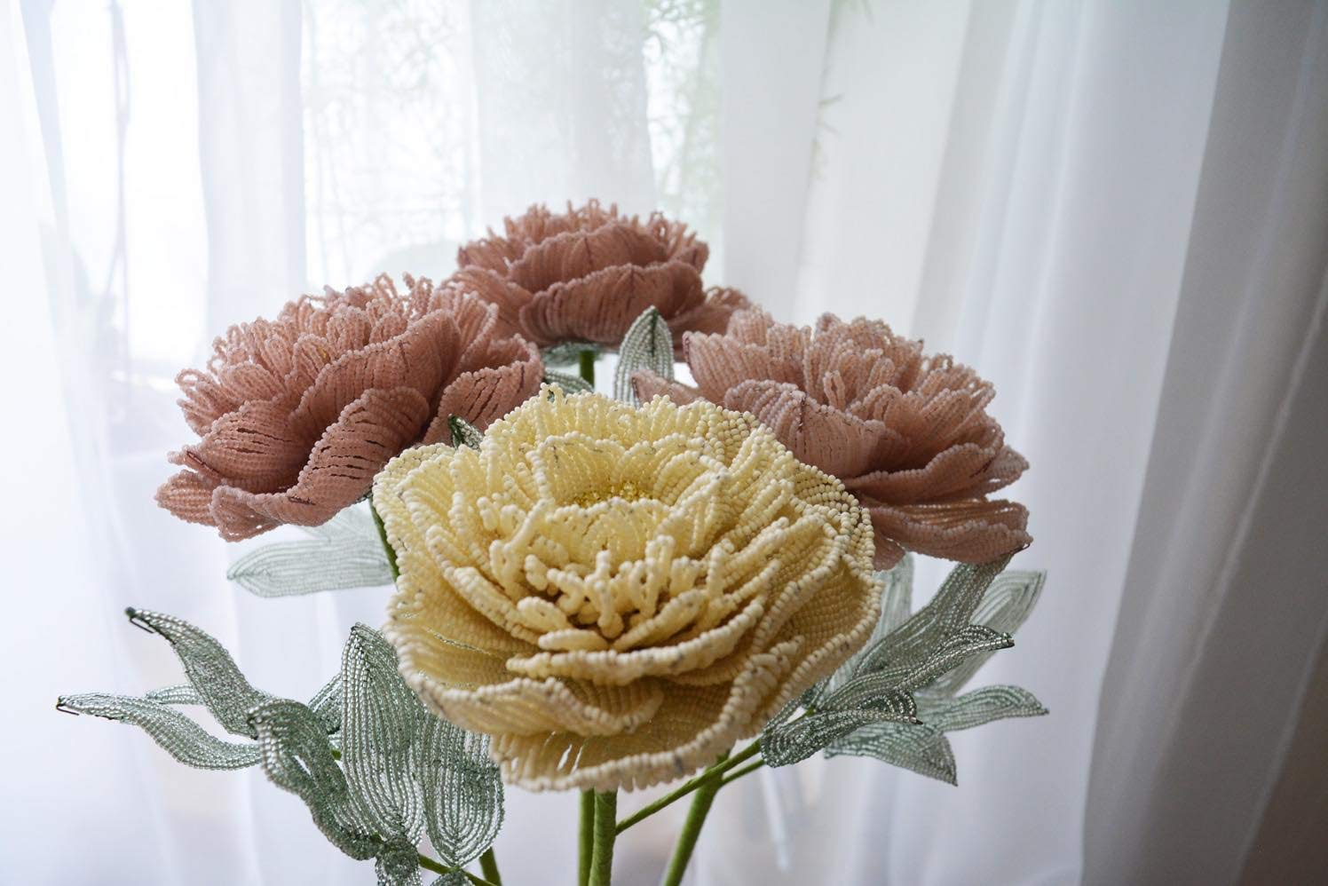 French Beaded Artificial Peony Flower Bouquet - Set of 4 Handmade Beaded Flowers in Vase for Home & Office Decor - Perfect for Wedding Centerpieces, Table Decorations & Gift Giving