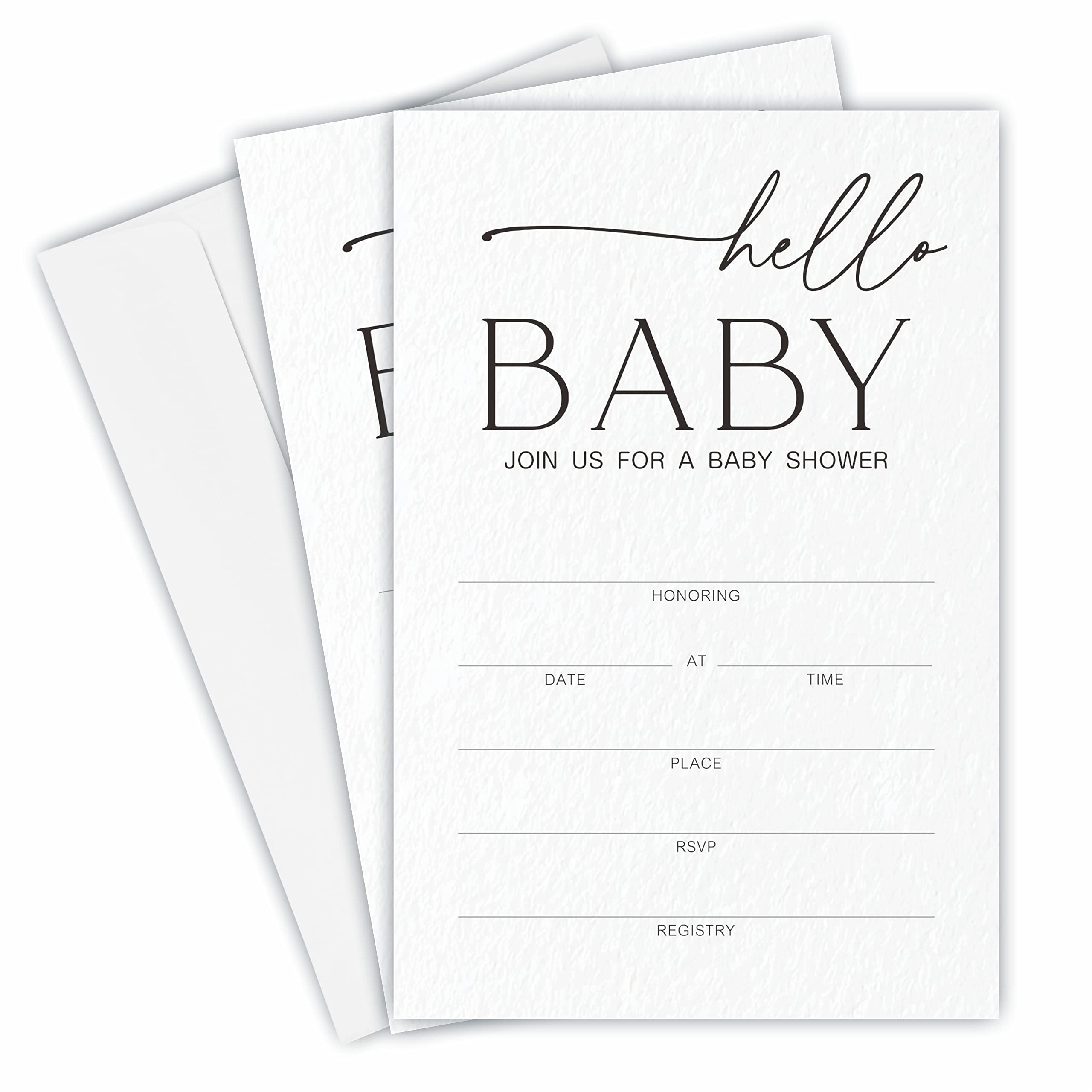 Minimalist Hello Baby Gender Reveal Invitation Cards (25 Pack) - Elegant Black & White Baby Shower Invitations with Envelopes - Perfect for Boy or Girl Baby Showers, Gender Reveal Parties & Nursery Decor - YQK-A10