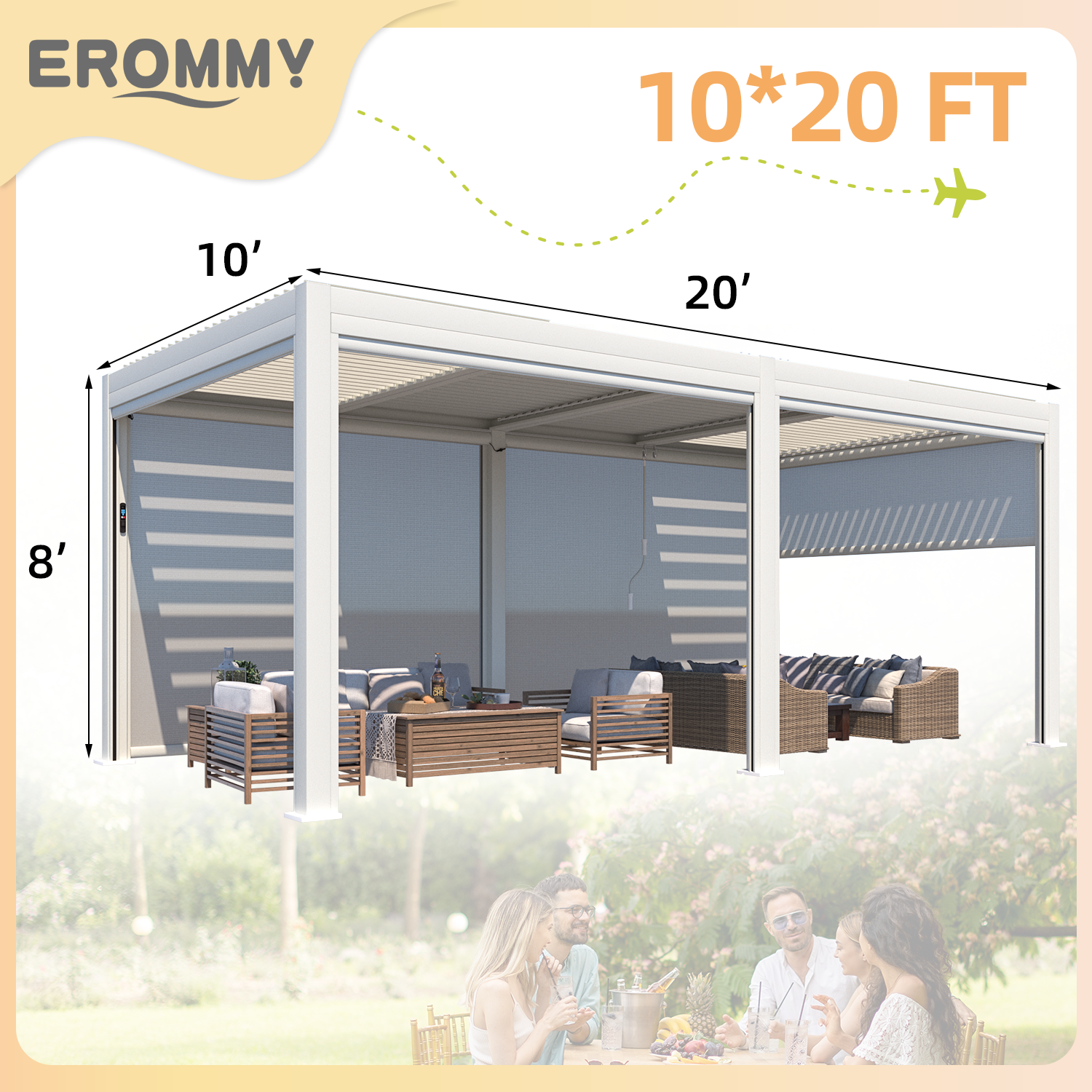 EROMMY 10x20 White Electric Louvered Pergola with Screen - Outdoor Patio Cover for Backyard, Deck, and Garden Relaxation