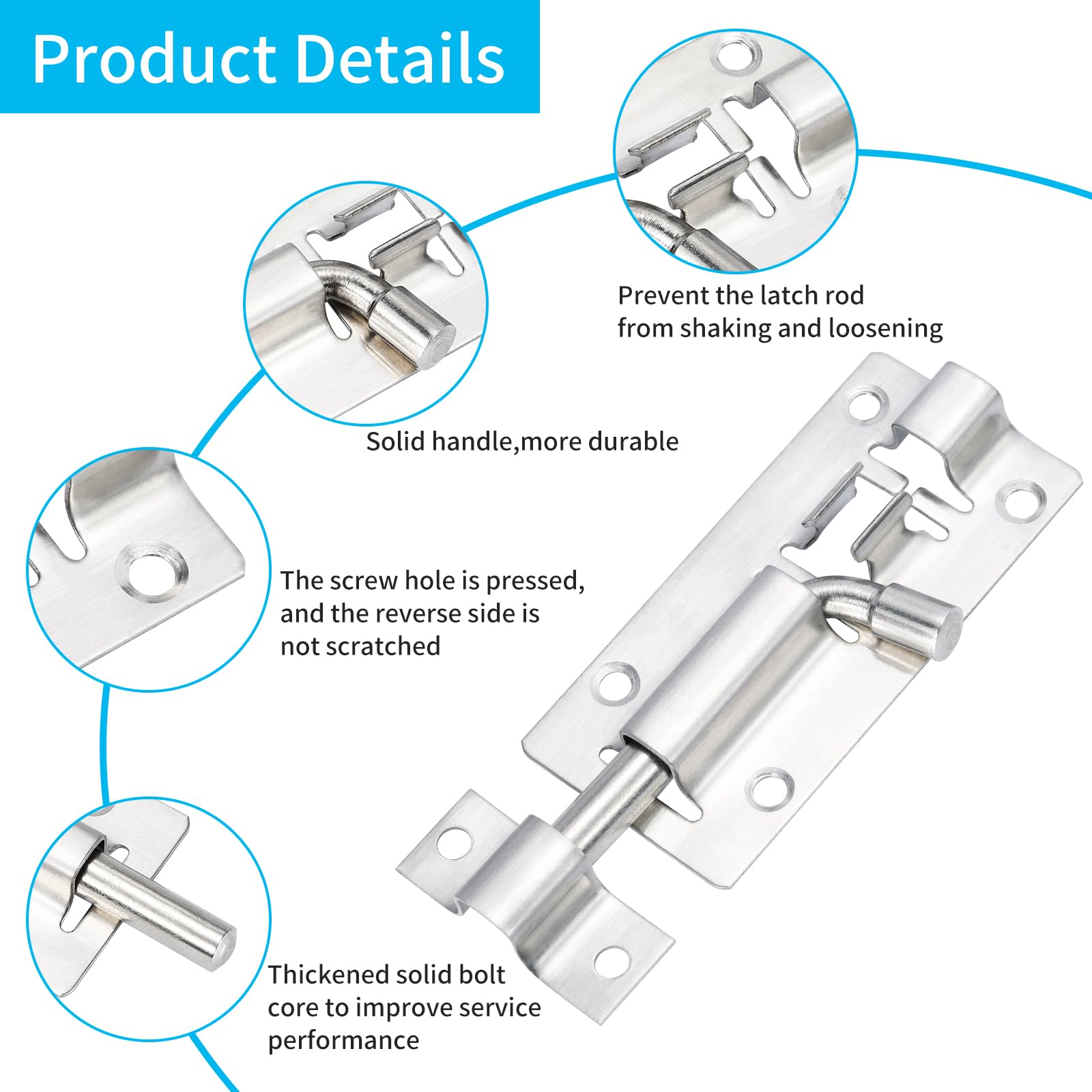 3 Inch Stainless Steel Security Slide Bolt Latch Lock - Heavy Duty Gate & Door Sliding Lock (4 Pack) - Easy Installation for Home, Garage, Shed & Fence Security