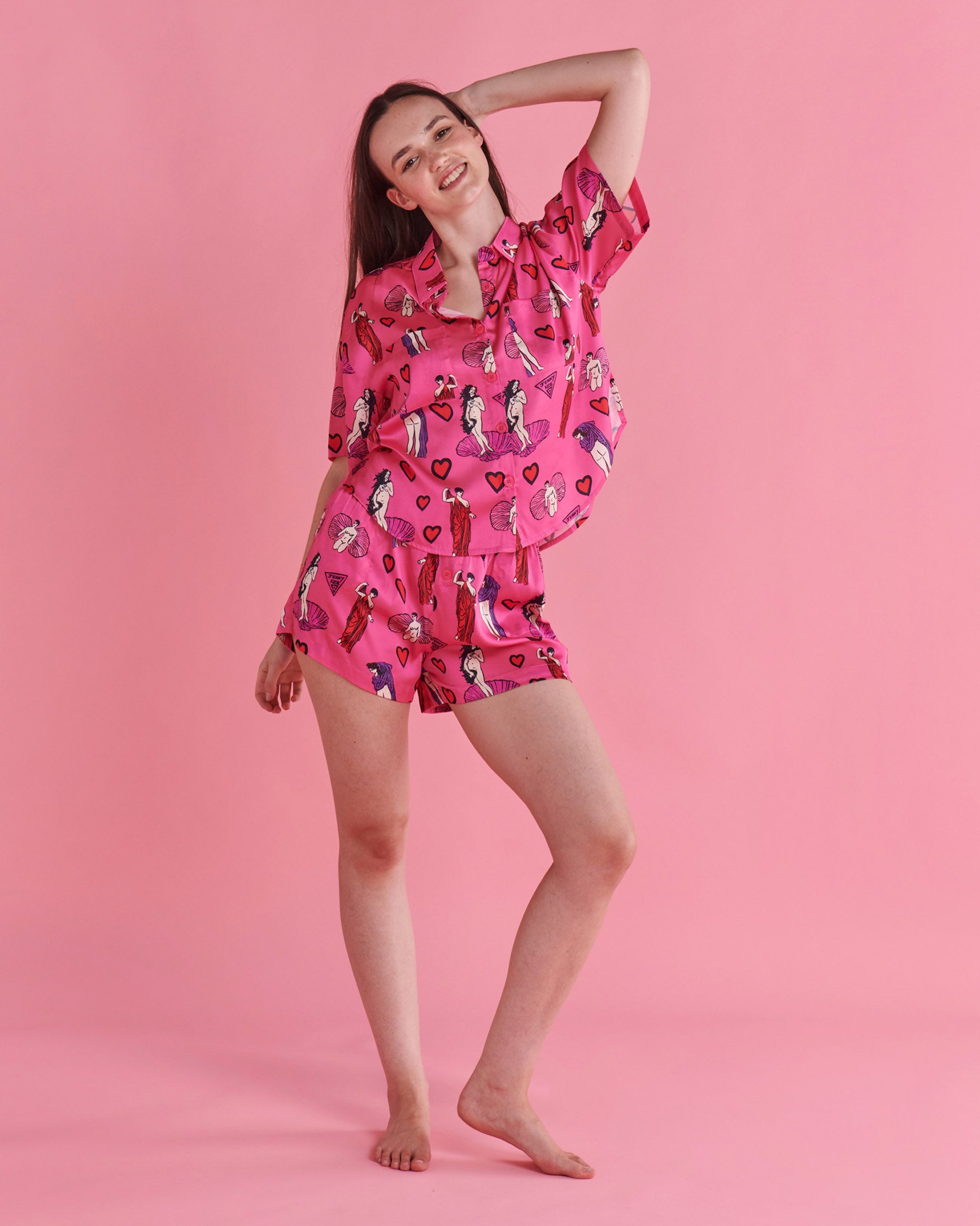 Kip&Co x Jenny Kee Pretty In Pink Eco-Friendly Satin Short Sleeve Pajama Set - Women's Sleepwear for Comfort & Style - Perfect for Lounging, Travel & Gift Giving