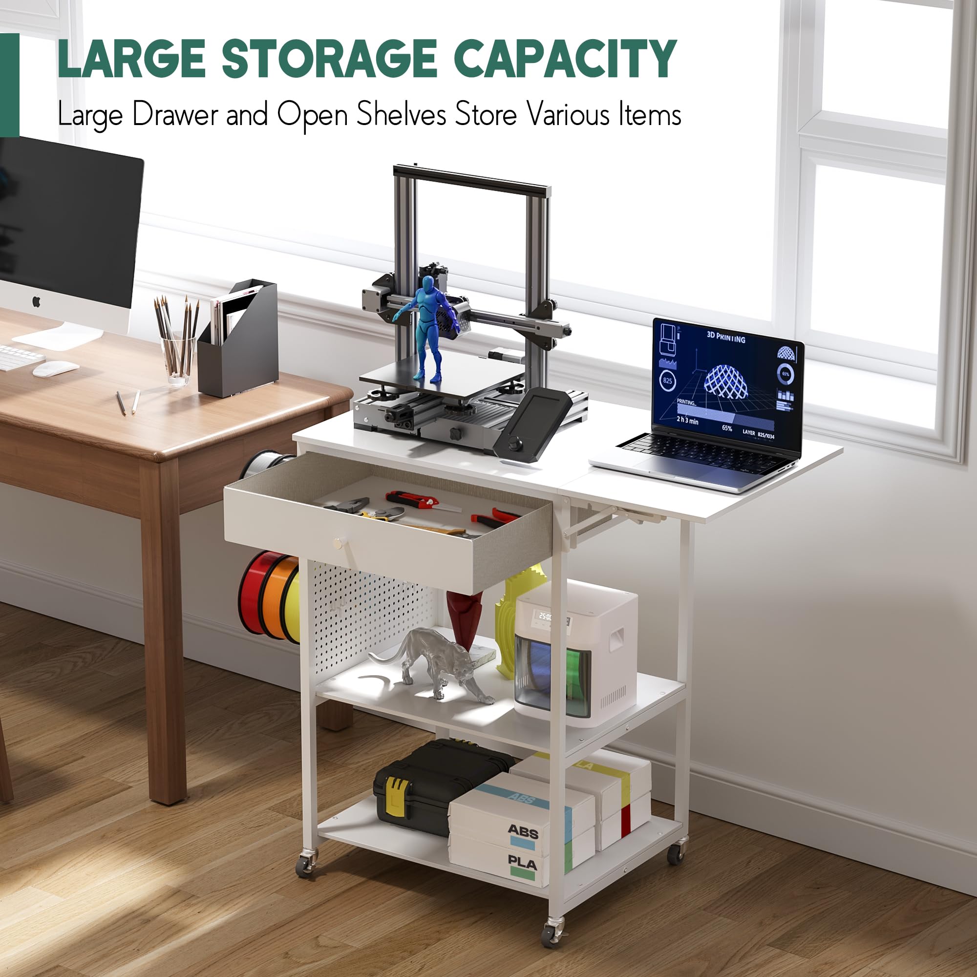 3D Printer Table with 40 Filament Storage - Rolling Workstation Desk Cart for 3D Printing | Perfect for Home Office, Studio & Workshop Organization