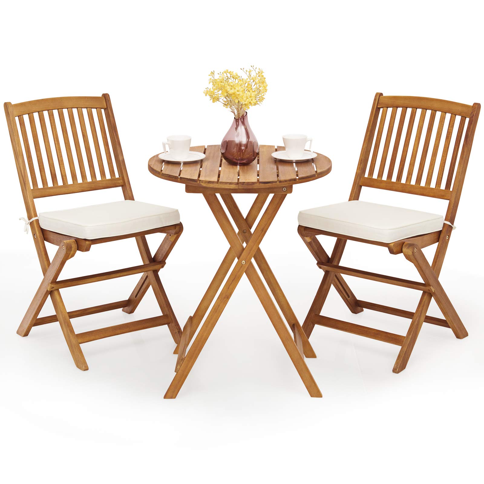 Giantex 3-Piece Patio Bistro Set - Wooden Folding Table with 2 Cushioned Chairs, Outdoor Garden Furniture for Yard, Deck, or Balcony - Natural & Beige Round Table Set for Relaxing, Dining, or Entertaining Guests