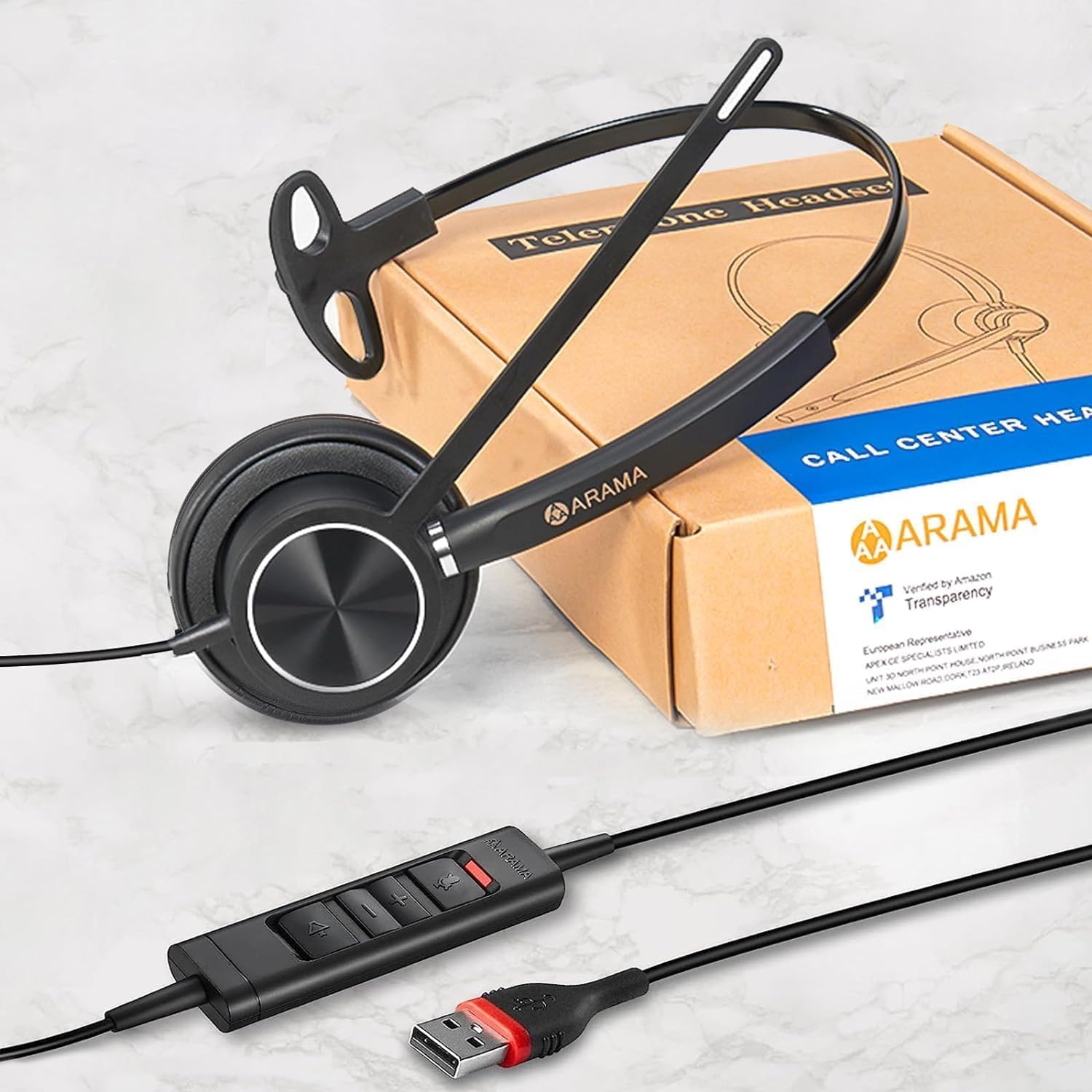 ARAMA USB Headset with Noise Cancelling Microphone for PC, Laptop - Wired Mono Computer Headphones with In-Line Volume Control - Ideal for Home Office, Call Centers, Online Classes, Zoom & Skype Meetings