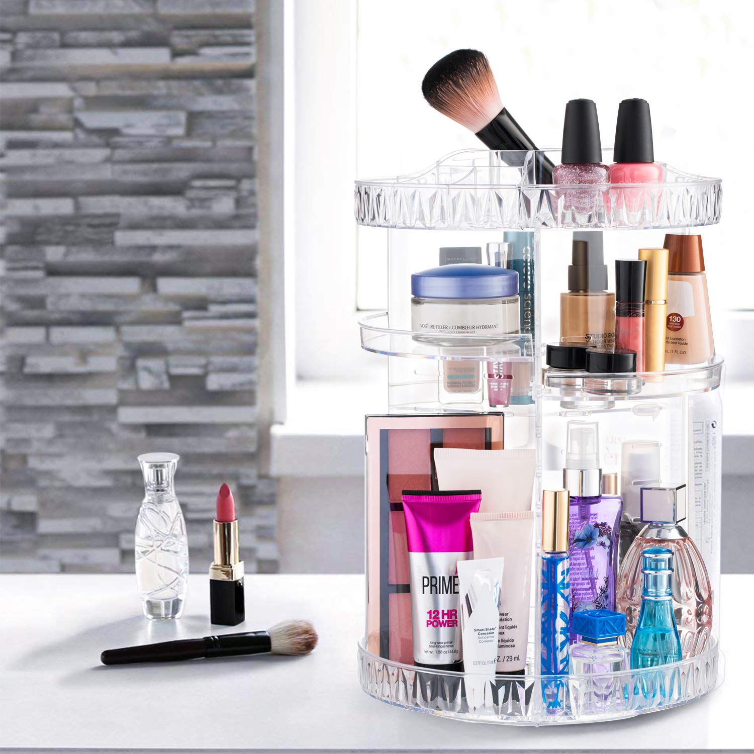 360° Rotating Makeup Organizer | Clear Cosmetic Storage Carousel for Vanity Countertop & Dresser | Multi-Functional Beauty Product Organizer for Makeup Brushes, Lipsticks & Skincare (Perfect for Small Spaces & Travel)