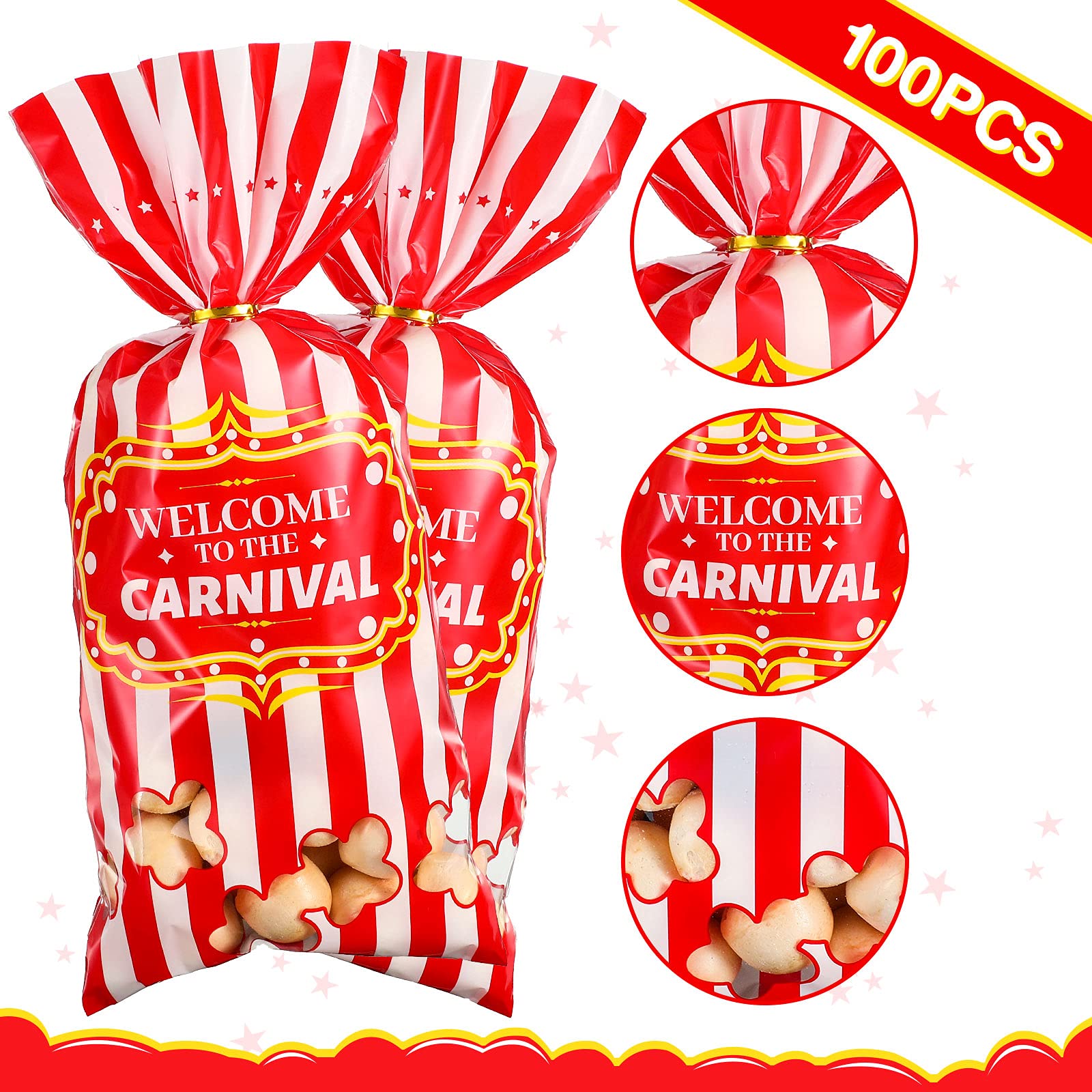 Epakh Carnival Candy Bags - 200 Pack Circus-Themed Plastic Party Favor Bags with Popcorn Pattern & Gold Twisted Ties for Halloween, Birthday Parties, Baby Showers & Wedding Favors - Perfect for Treats, Cookies & Cupcakes
