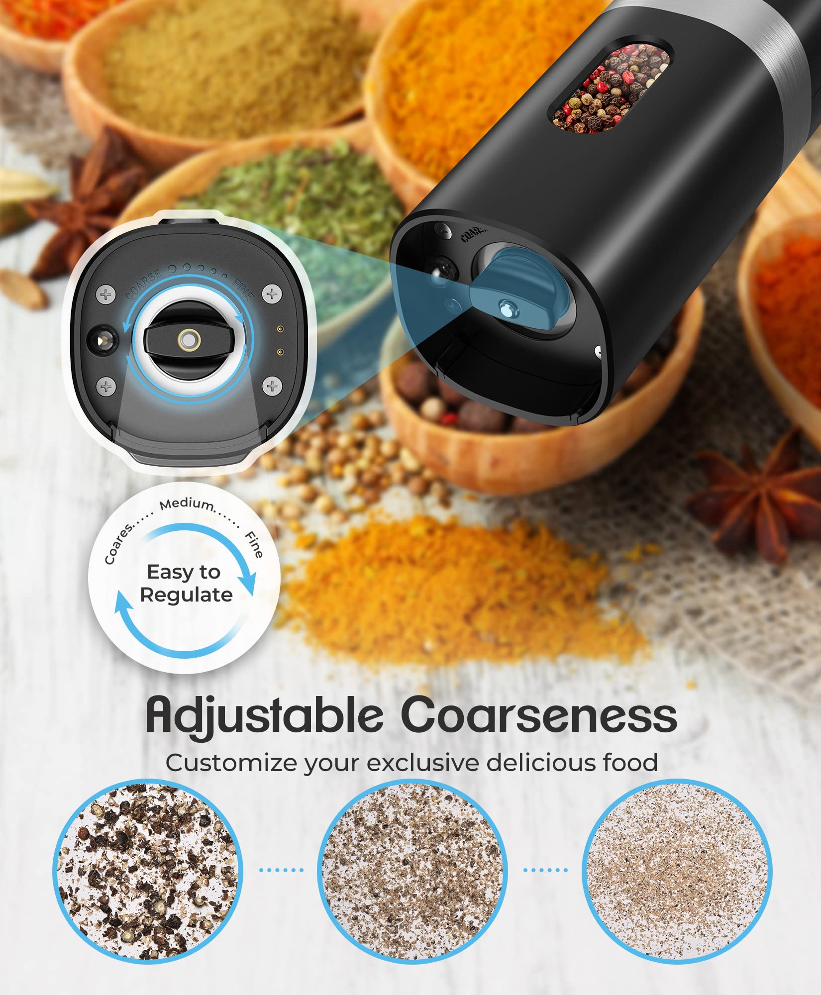 Premium Electric Salt and Pepper Grinder Set - Rechargeable Automatic One-Hand Operation with LED Light & Charging Base - 2 Pack Black Spice Mills for Kitchen, Dining Table, Camping & Gifts
