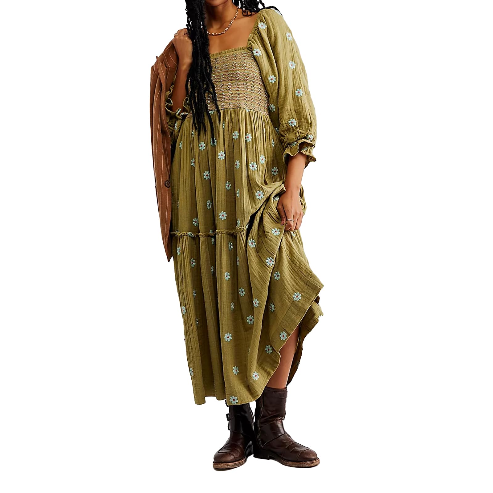 Women's Floral Embroidered Maxi Dress with Long Puff Sleeves & Square Neck - Bohemian Flowy Summer Dress with Pockets & Smocked Waist | Perfect for Beach Vacations, Music Festivals, and Casual Outings