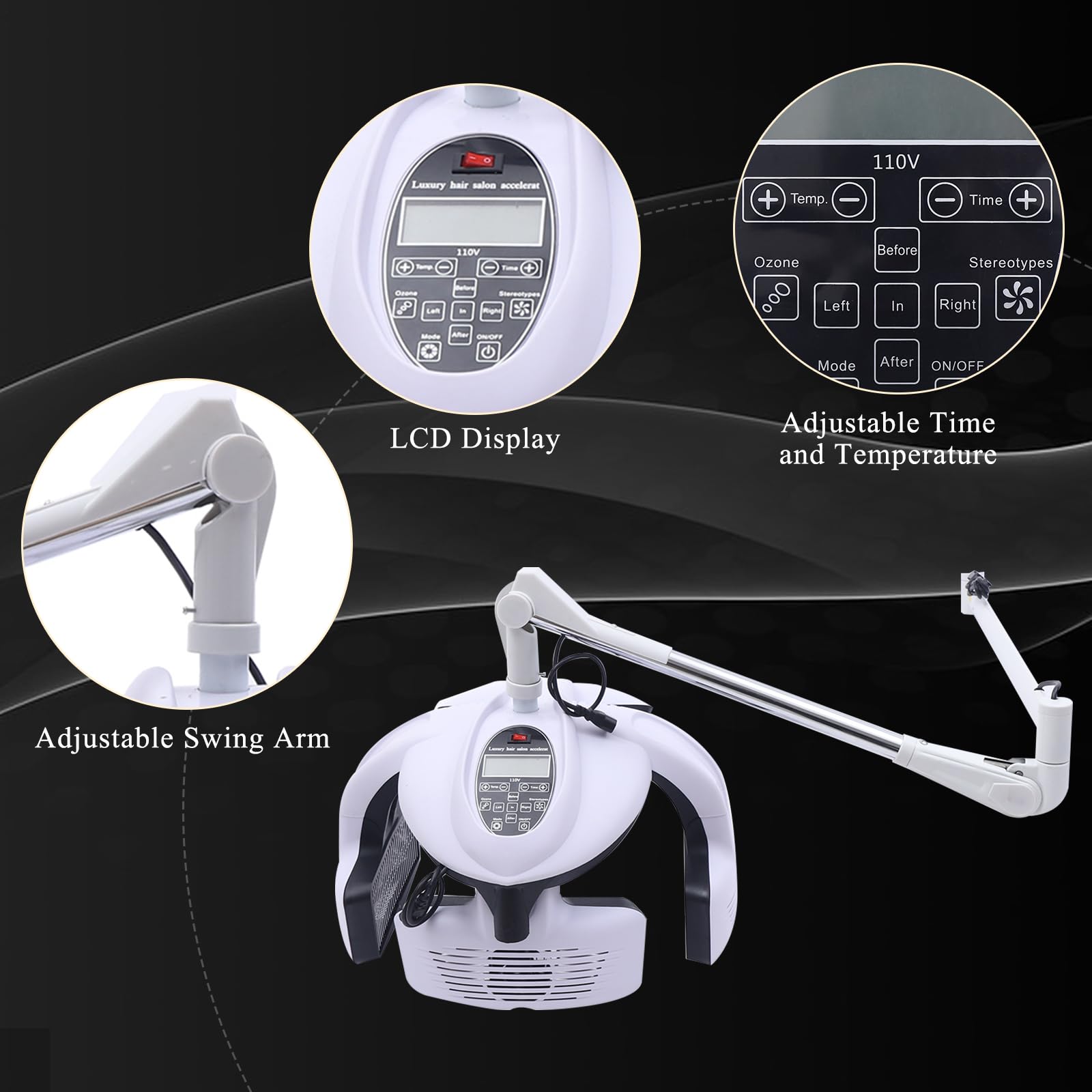 Professional 1250W Wall Mounted Hair Dryer with LCD Display & Adjustable Swing Arm - 110V Salon Hair Hood Dryer for Hair Styling & Processing - Perfect for Home & Salon Use