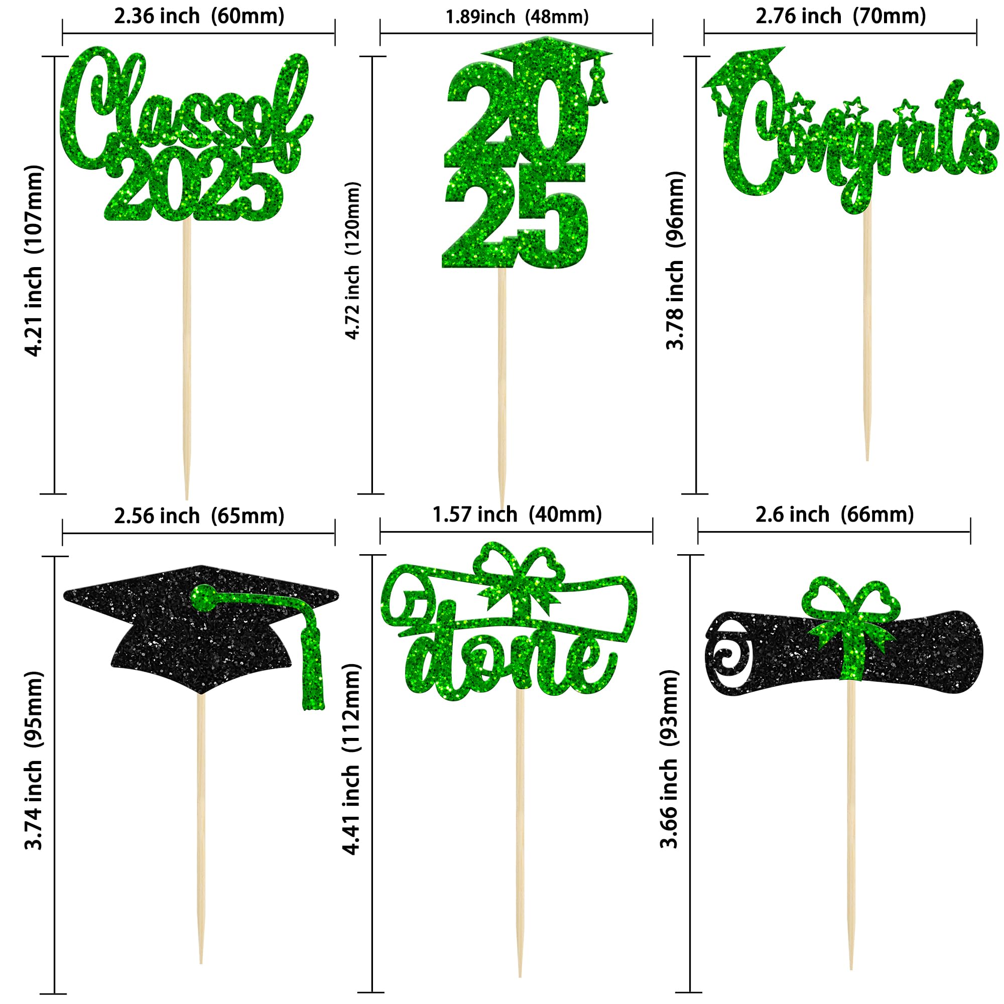 24 Pack Class of 2025 Graduation Cupcake Toppers - Glitter Congrats Grad Cap & Diploma Cake Decorations - Green Graduation Party Supplies for 2025 Theme Celebrations, School Parties & Commencement Cakes