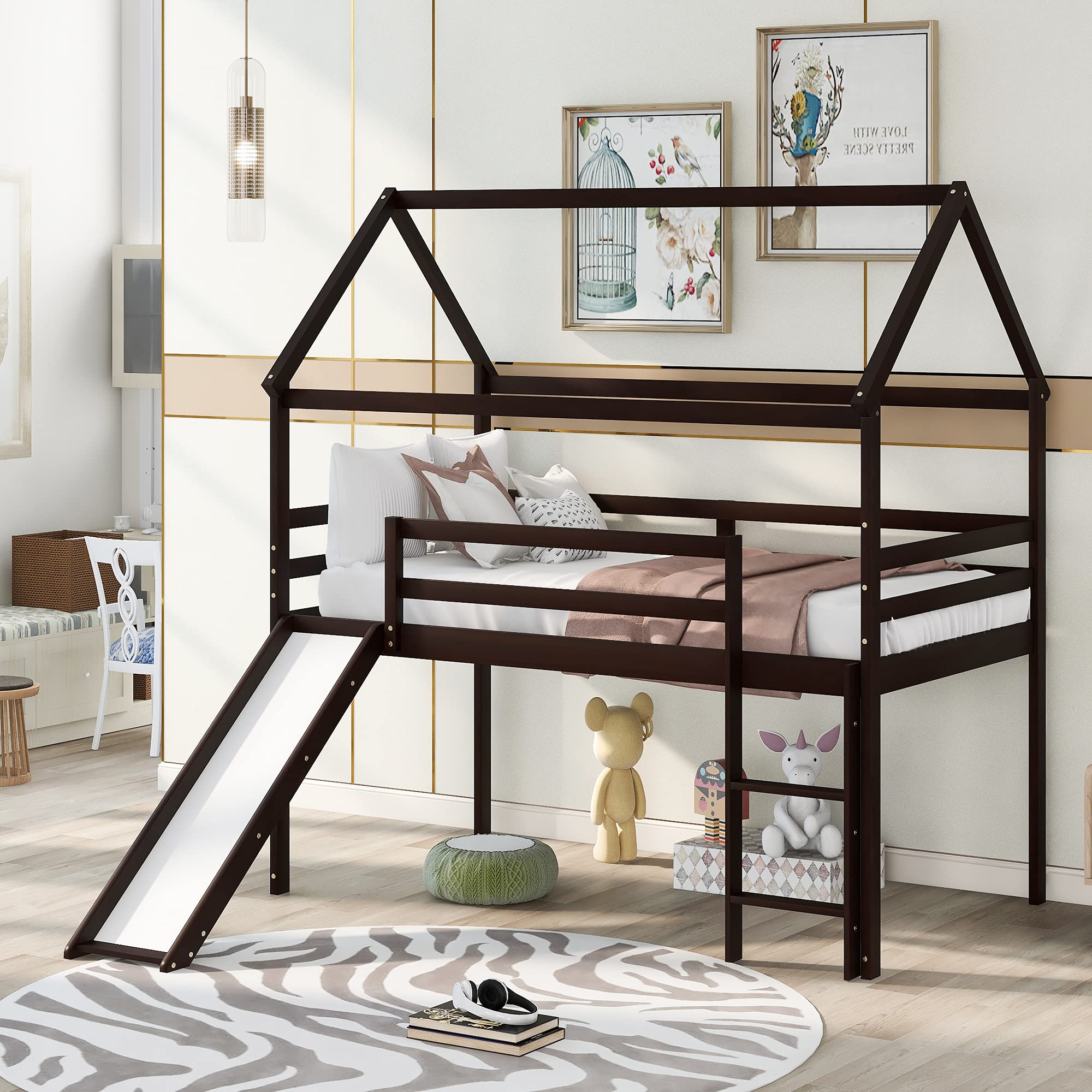 Solid Wood Kids Loft Bed with Slide - Twin Size Wooden House Bed Frame with Roof & Ladder - No Box Spring Needed - Espresso Finish - Perfect for Small Bedrooms, Playrooms & Kids' Sleepovers