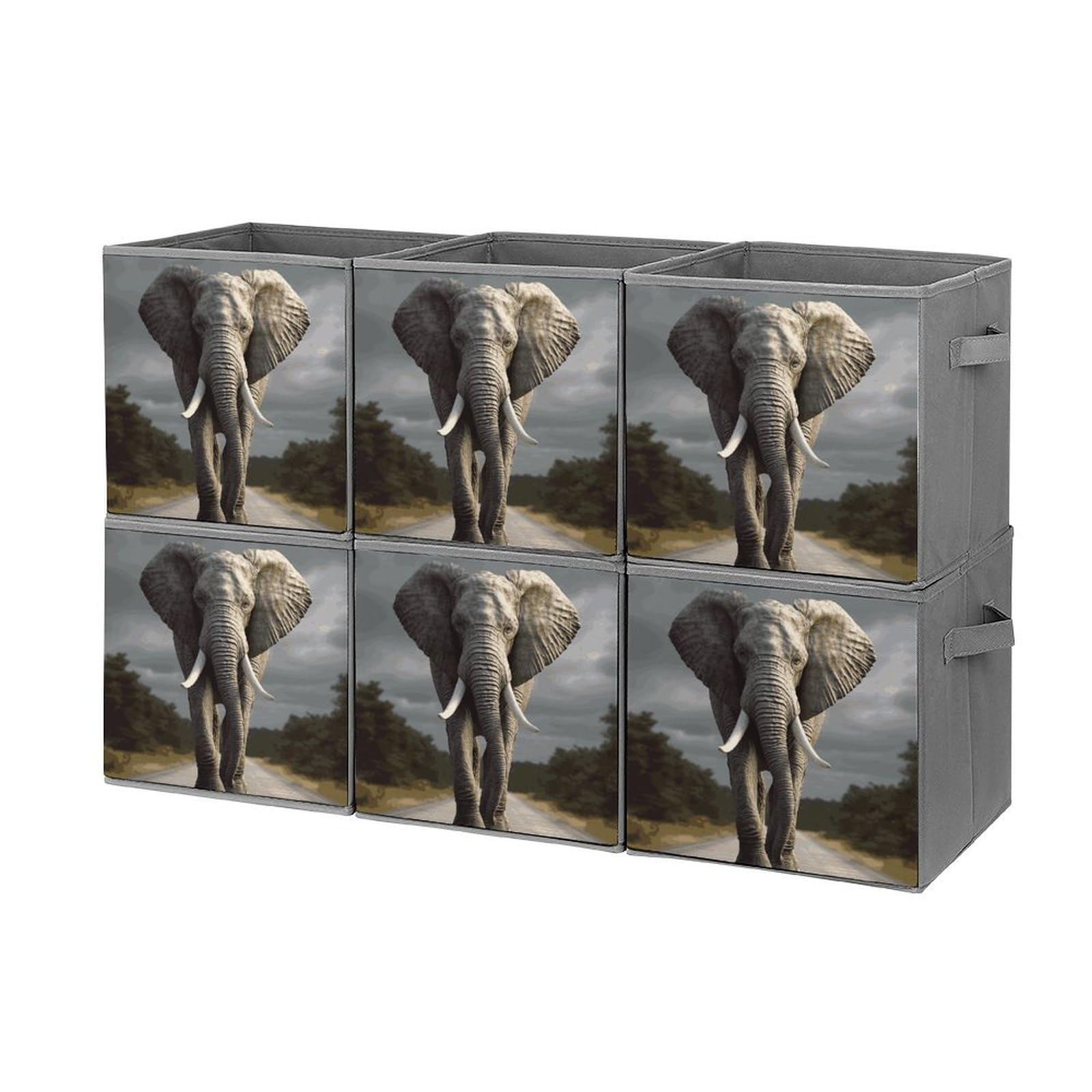 6PCS Collapsible Storage Bins with Handles - 3D Elephant Printed Foldable Storage Boxes for Home Organization, Closet, Nursery & Office - Space Saving Storage Containers for Shelves, Cabinets & Underbed
