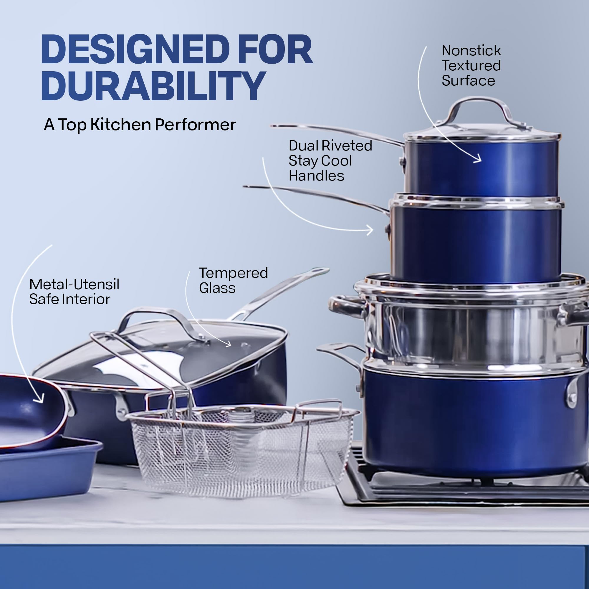 GRANITESTONE Blue 20-Piece Non-Stick Cookware Set with Utensils & Bakeware | PFOA & PFOS Free, Oven & Dishwasher Safe | Complete Kitchen Cookware Set for Baking, Frying & Everyday Cooking