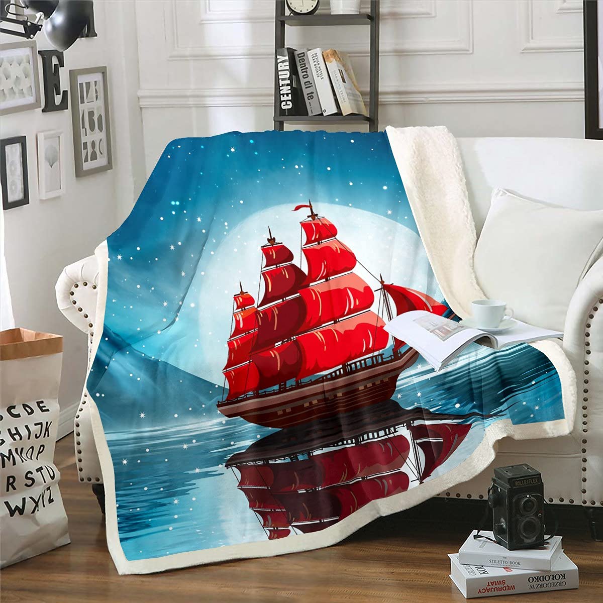 Erosebridal Sailboat Fleece Blanket Queen Size 90x90 Inches - Nautical Themed Soft Sherpa Throw Blanket for Kids & Boys - Starry Sky Galaxy Design with Mountain Moon Lake Pattern - Perfect for Bedroom, Sofa, Camping & Gift Giving - Blue