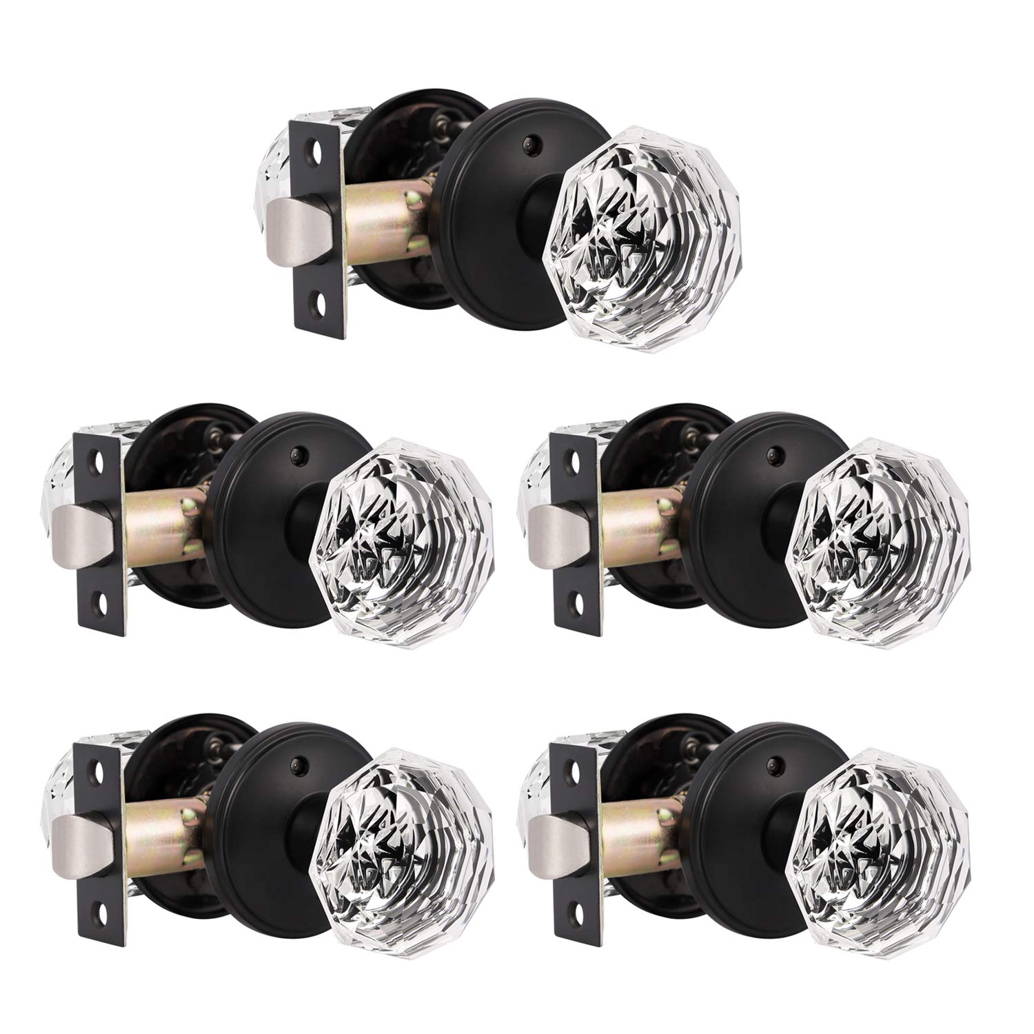 5 Pack Matte Black Crystal Glass Door Knobs - Diamond Round Privacy Door Lock Set with Bed/Bath Function, Keyless Interior Door Handle for Modern Homes - Perfect for Bedrooms, Bathrooms & Interior Doors