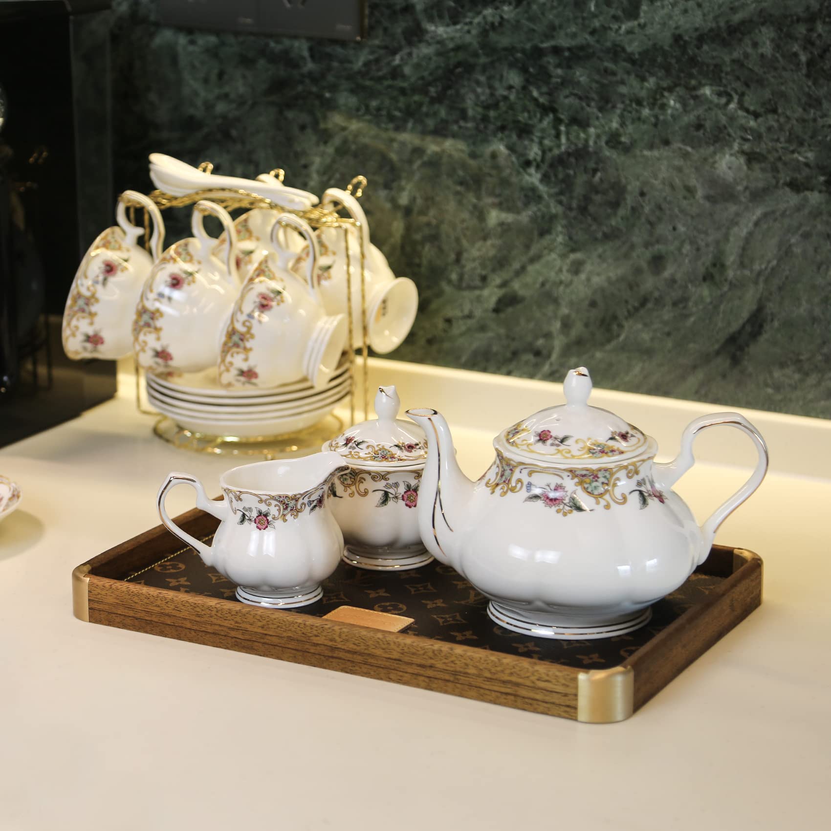 Premium 21-Piece Bone China Tea Set - Elegant White Floral Porcelain Tea Cups, Teapot, Sugar Bowl & Creamer Pitcher - English Tea Party Set for Adults & Women - Perfect for Afternoon Tea, Bridal Showers & Gift Giving