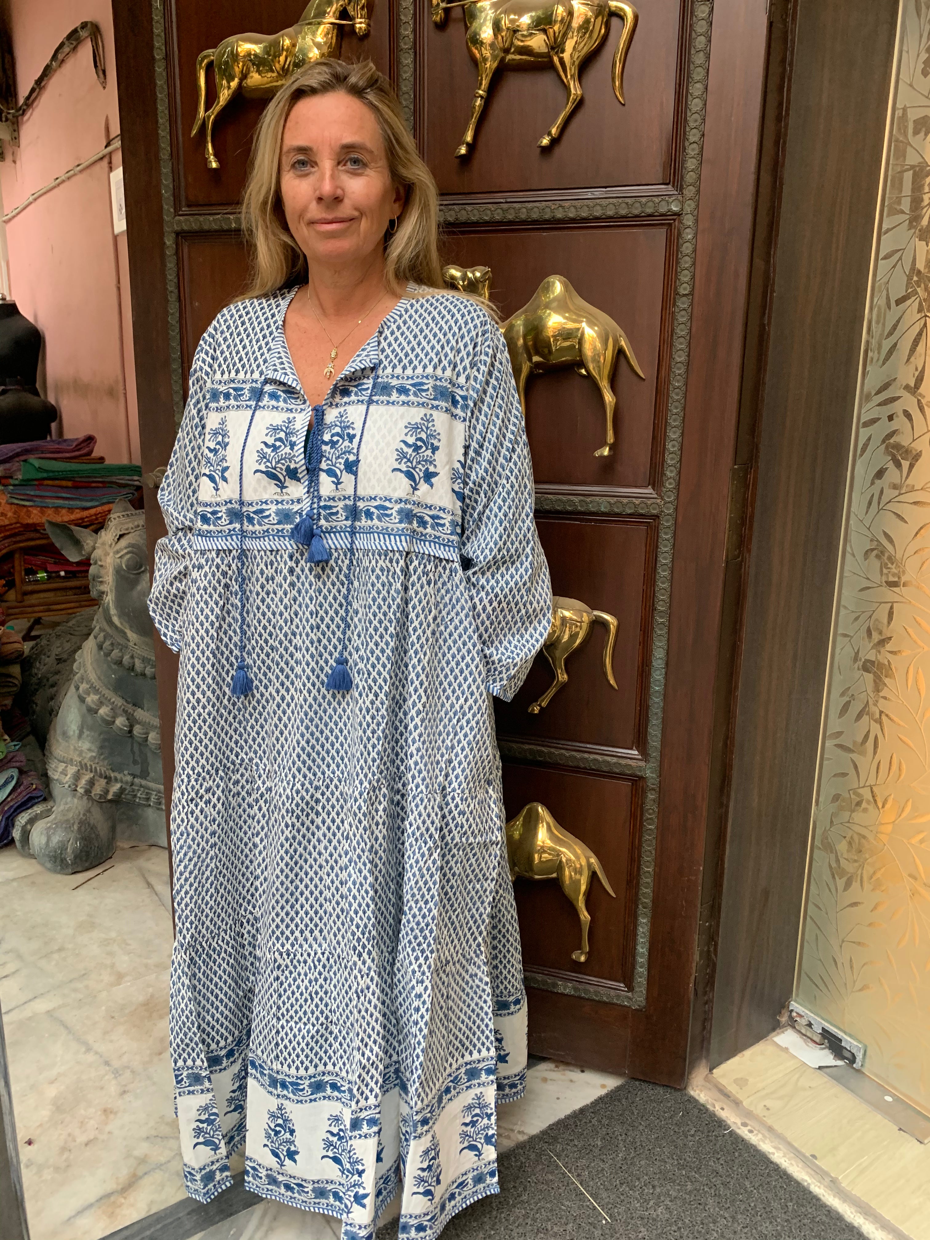 Boho Chic Banjara Dress in Blue & White – Flowy Bohemian Maxi Dress for Women | Perfect for Festivals, Beach Vacations & Summer Outfits