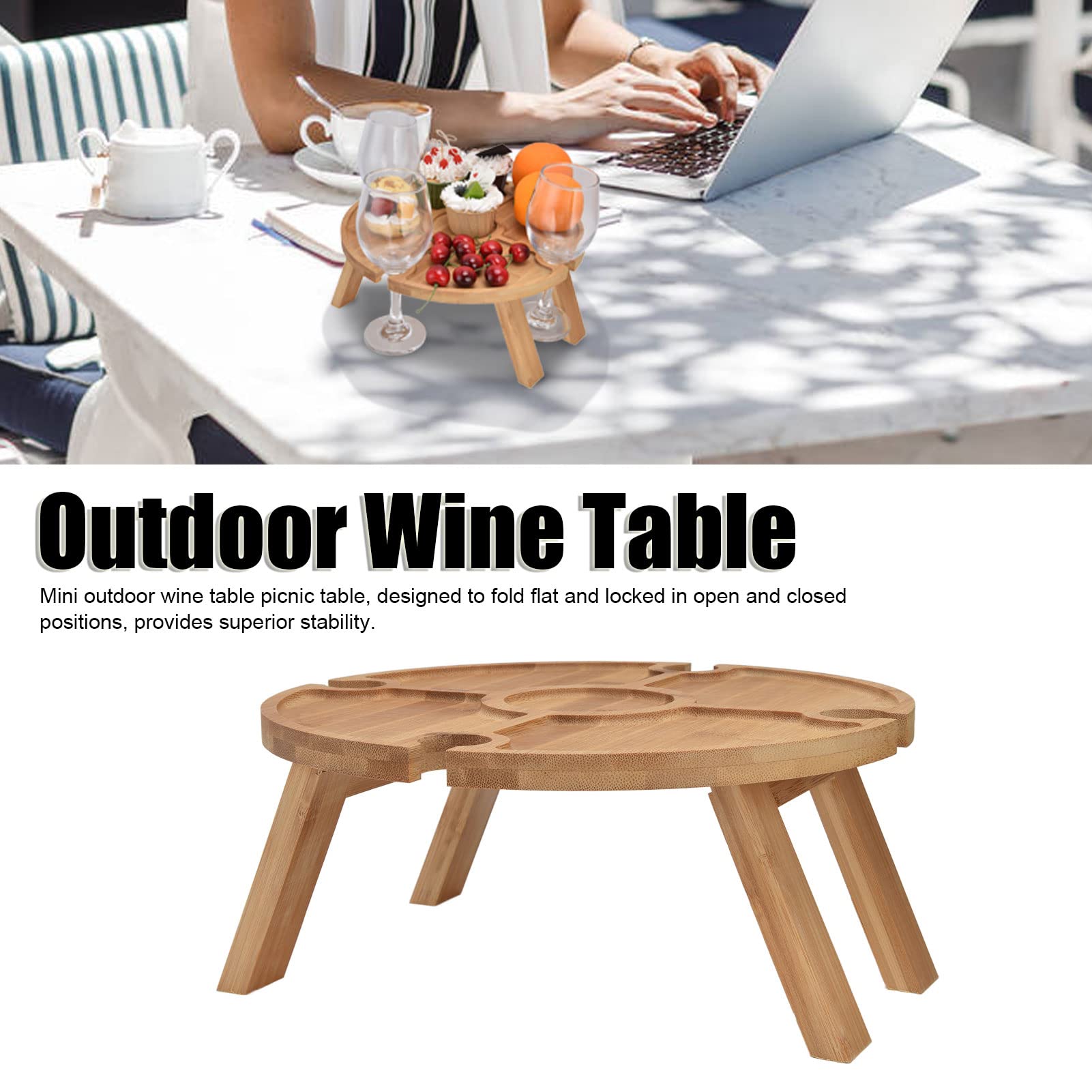EVTSCAN Folding Outdoor Table - Portable Wooden Picnic Table with Wine Glass Holder for Camping, Hiking, Beach & Backyard BBQs | Compact & Lightweight for Easy Transport