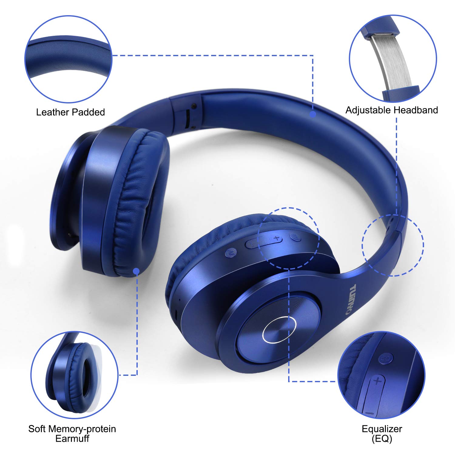 TUINYO Wireless Bluetooth Headphones Over Ear with 40H Playtime, Deep Bass & Built-in Mic - Soft Memory-Protein Earmuffs for PC, Cell Phone & TV (Dark Blue) - Perfect for Gaming, Workouts & Travel