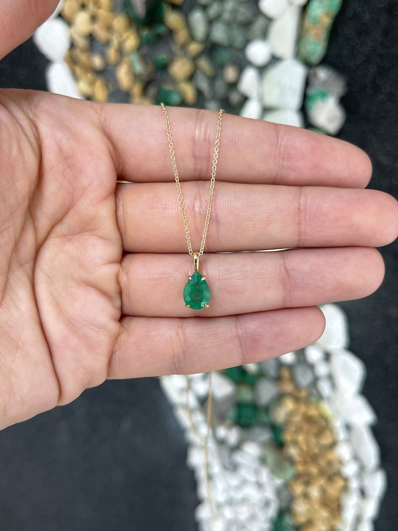 2.0ct Medium Dark Green Natural Pear Cut Emerald Solitaire Pendant Necklace in 14K Gold - Perfect for Weddings, Anniversaries & Special Occasions