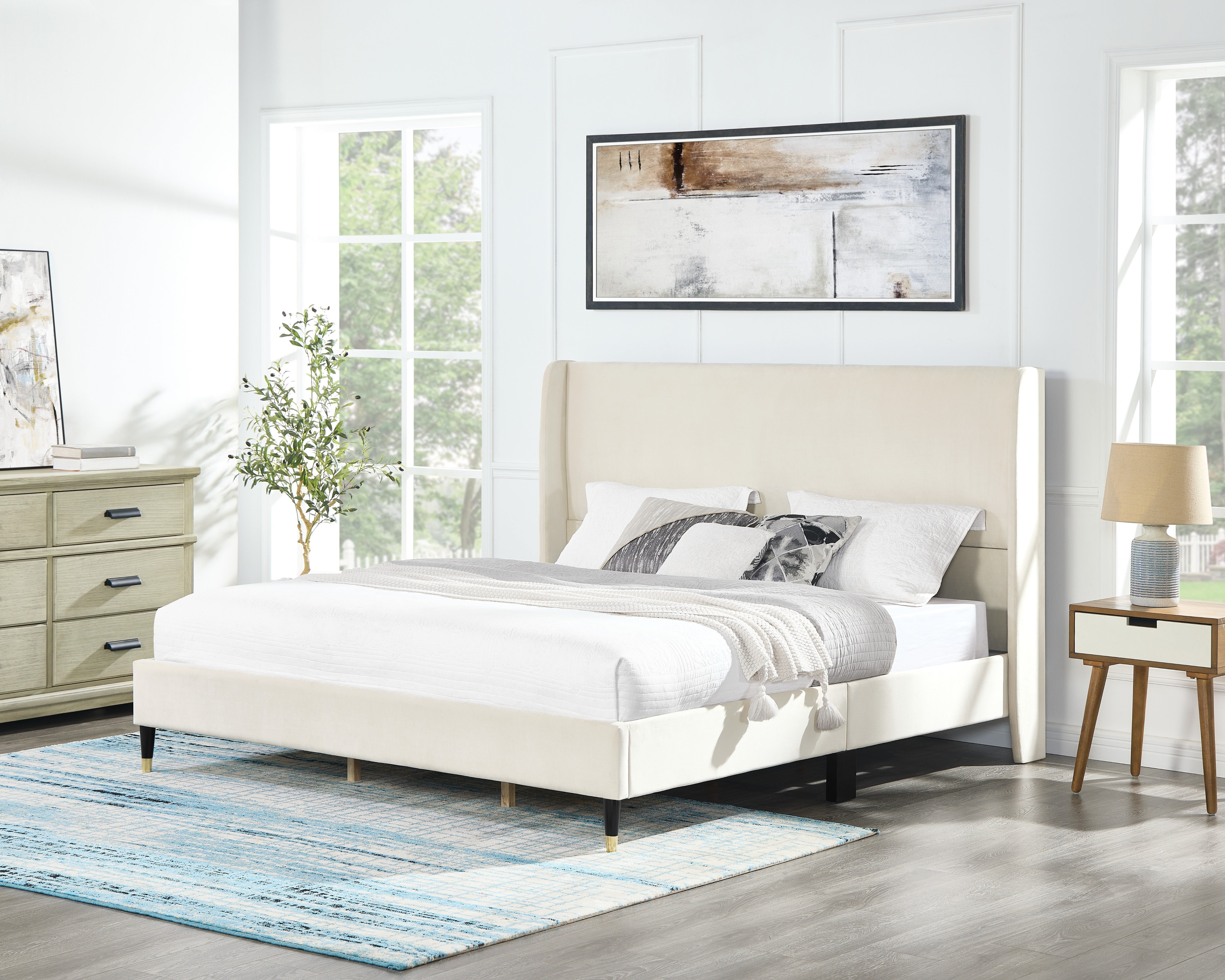 Roundhill Furniture Rozitta Upholstered Wingback Platform Bed Frame - Queen Size Upholstered Bed with Button Tufted Headboard for Bedroom, Modern Luxury Bed Frame with Sturdy Wooden Slat Support (Perfect for Master Bedroom, Guest Room or Apartment)