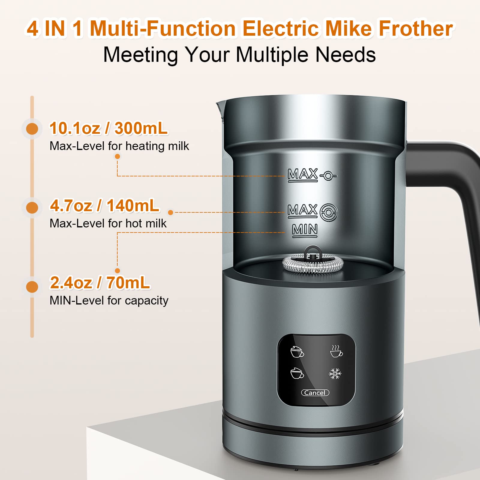 BIZEWO Electric Milk Frother - 4-in-1 Automatic Milk Warmer & Steamer with Touch Screen for Coffee, Latte, Cappuccino - Stainless Steel Warm & Cold Foam Maker for Home, Office, Coffee Shop Use