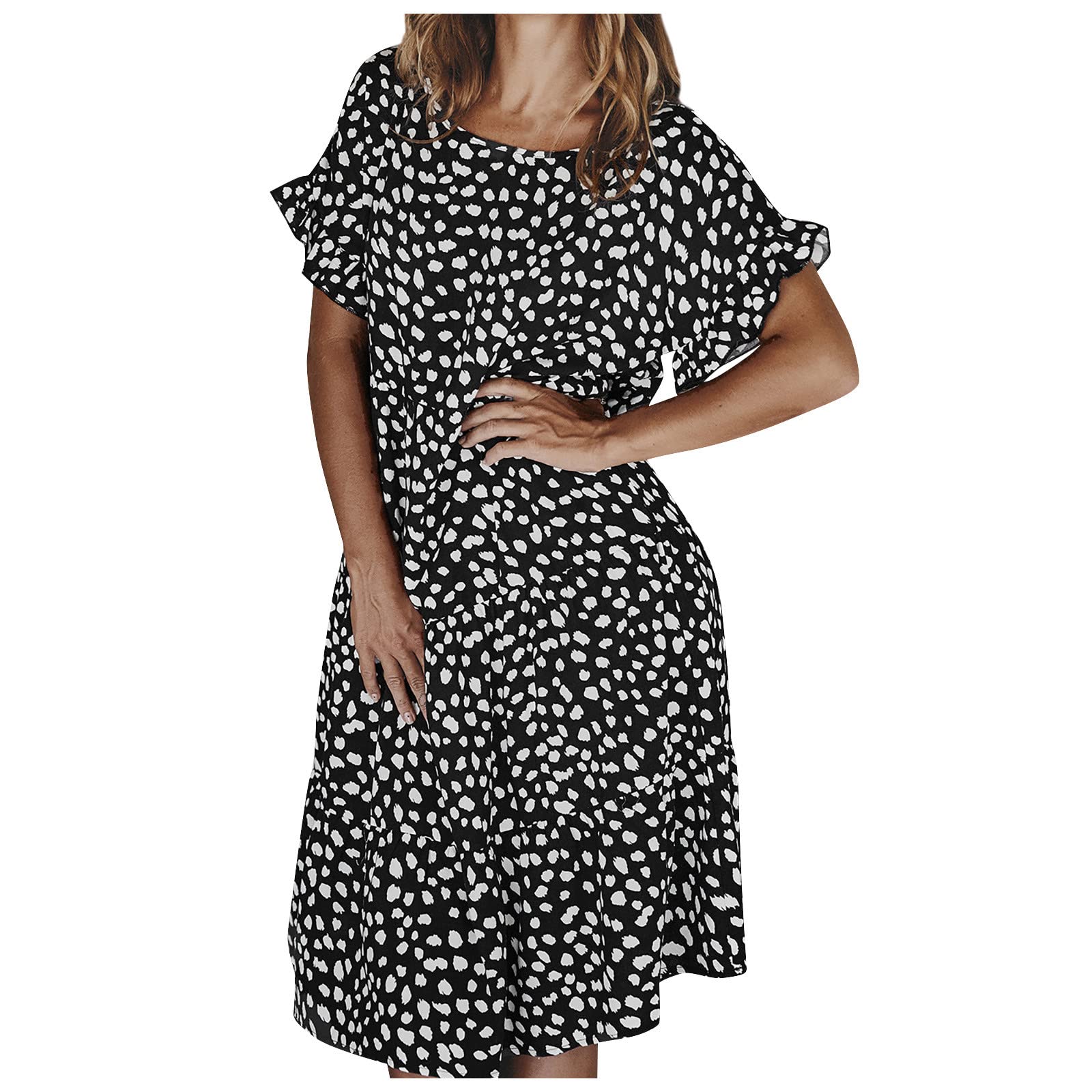 XHJUN Women's Polka Dot Print Wedding Guest Dress - Round Neck Ruffle Sleeve Flowy Midi Dress for Plus Size Ladies | Perfect for Bridal Showers, Cocktail Parties & Summer Events
