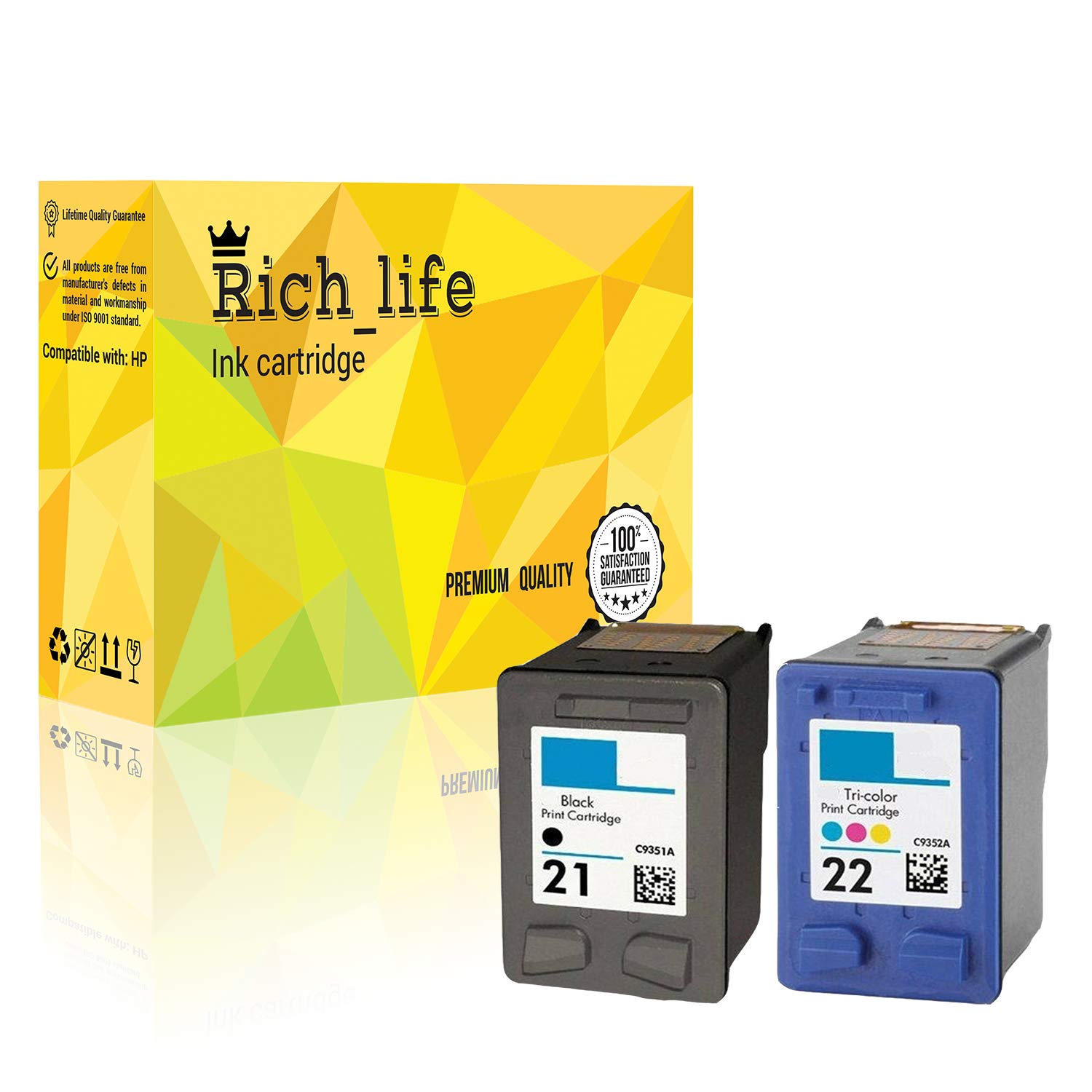 HP21 HP22 Remanufactured Ink Cartridges 2-Pack (1 Black + 1 Color) - Compatible with HP Officejet, Deskjet, PSC & FAX Printers - High Yield Replacement Toner for Home & Office Printing Needs