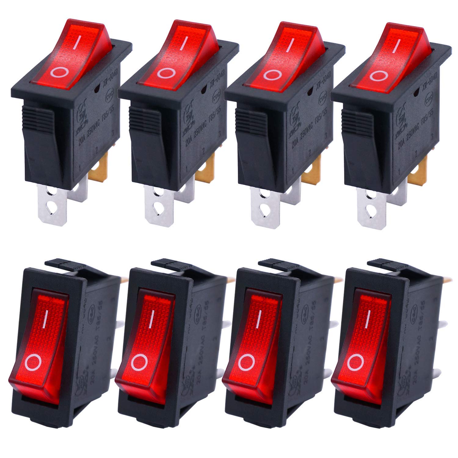 8Pcs Mini Boat Rocker Switch KCD3-101 & KCD3-101N-R - 2 Pin & 3 Pin Toggle Switches with Red Light Illumination for Marine, Automotive, and DIY Electronics Projects