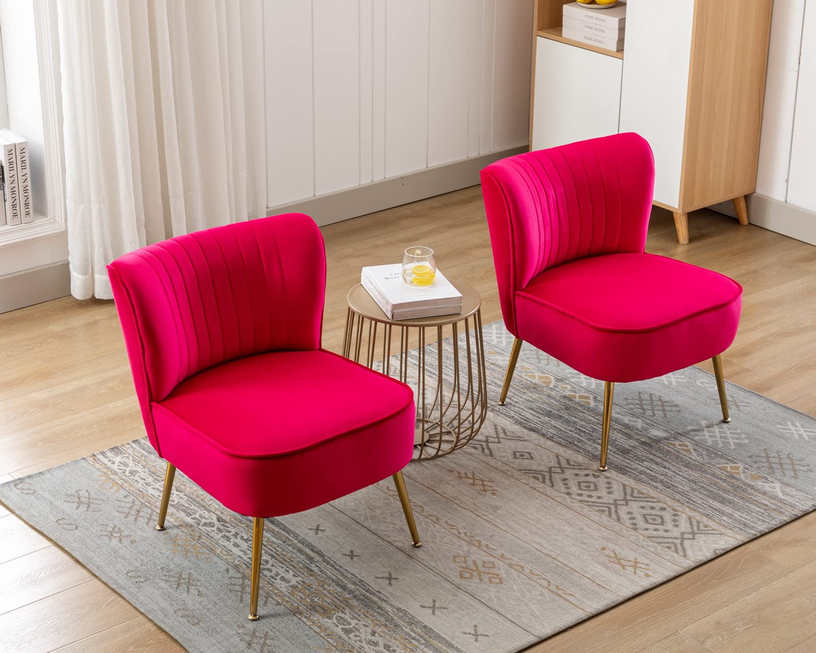 CIMOTA Velvet Accent Chairs Set of 2 - Modern Armless Slipper Chairs with Golden Legs for Living Room, Bedroom, Office - Rose Red Wingback Lounge Chairs for Reading Nook, Cozy Corner & Home Decor