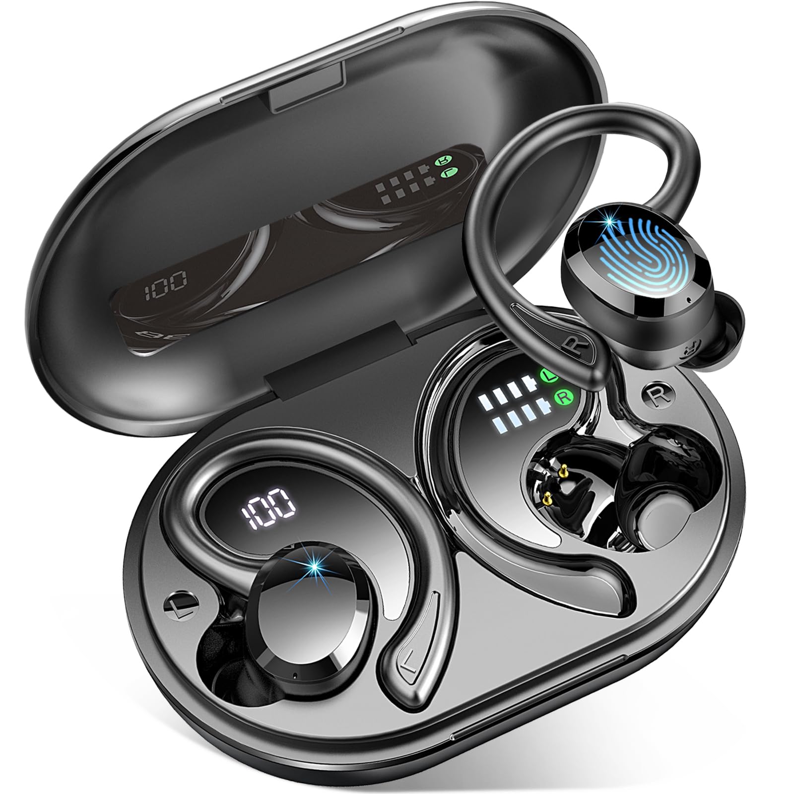 Wireless Bluetooth Earbuds with Noise Cancellation, 48H Playtime, HD Mic & Dual LED Display - IP7 Waterproof Sports Earphones with Ear Hooks & USB-C Charging for Running, Gym, Workouts and Commuting