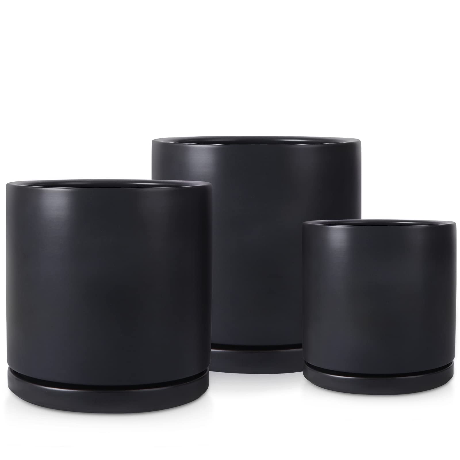 Kazeila 6/8/10 Inch Ceramic Plant Pots Set - Matte Black Cylinder Flower Pots with Saucer & Drainage Holes for Indoor Outdoor Plants | Glazed Interior & Exterior | Perfect for Home Decor, Office Desk, Garden & Patio