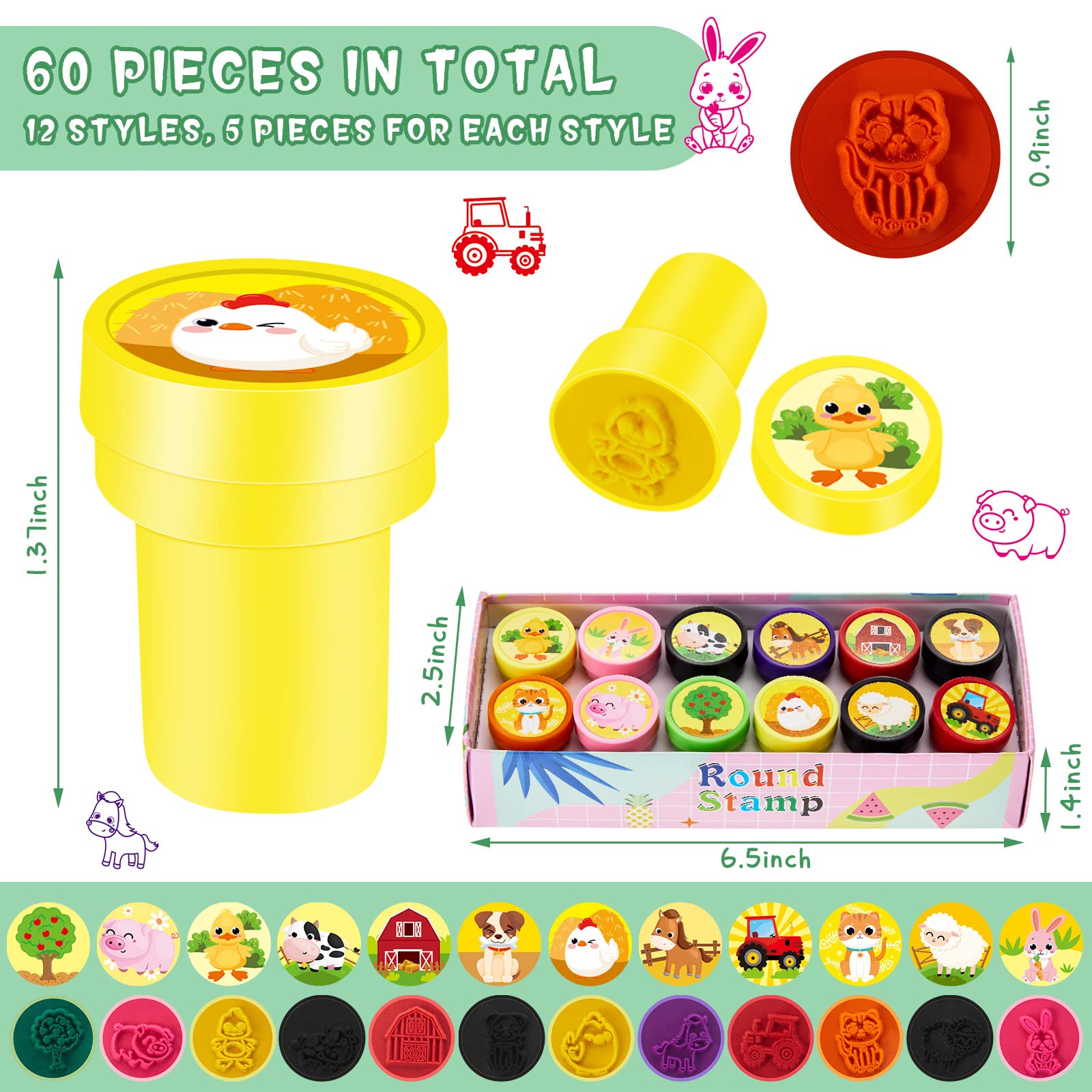 60 Pcs Farm Animal Stampers for Kids - Self Inking Stamps for Party Favors & Classroom Activities