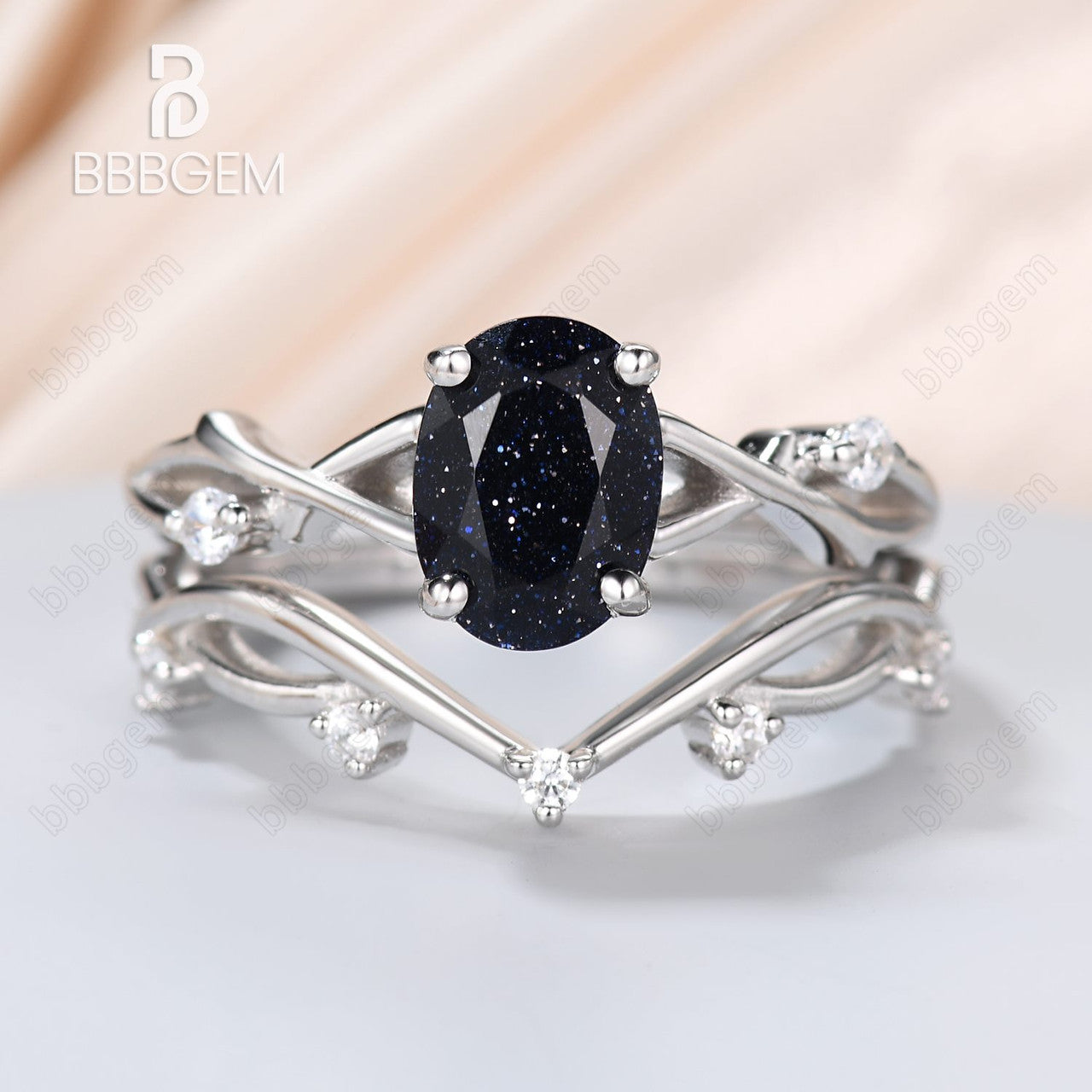 Oval Blue Sandstone Engagement Ring Set - 14K White Gold Solitaire Diamond Ring with Willow Twig Vine Design | Perfect for Proposals, Anniversaries & Wedding Jewelry