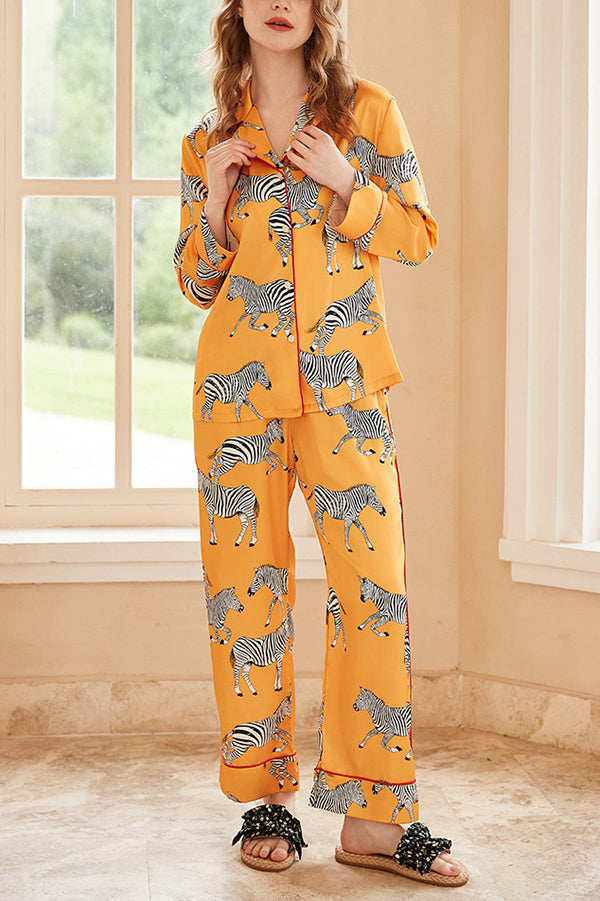 Yellow Zebra Print Long Sleeve Two-Piece Pajama Set - Cozy Loungewear for Women, Soft Sleepwear & Home Outfit for Relaxing Evenings