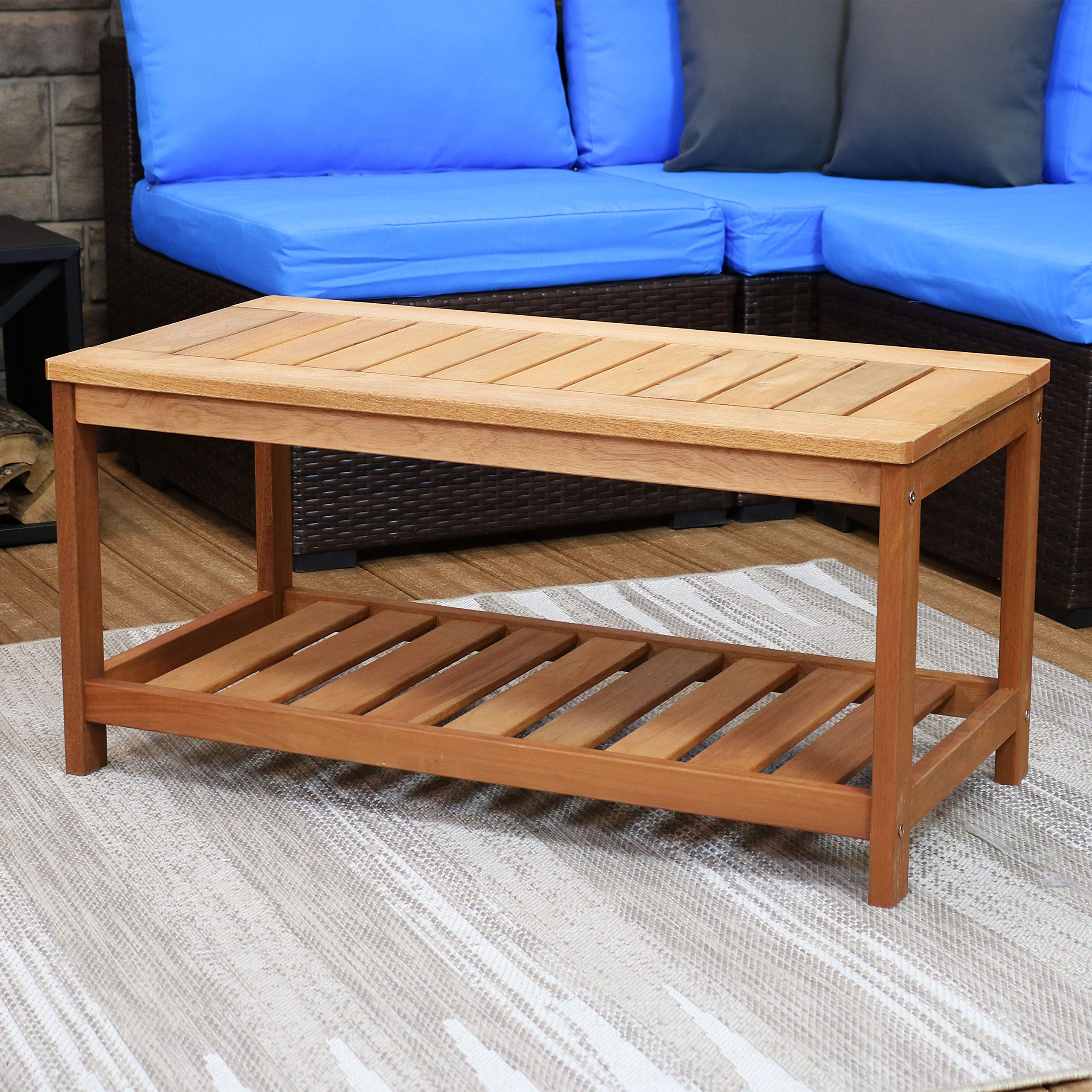 Sunnydaze 35-Inch Meranti Wood Outdoor Patio Coffee Table with Teak Oil Finish - Weather-Resistant for Garden, Poolside & Backyard Decor