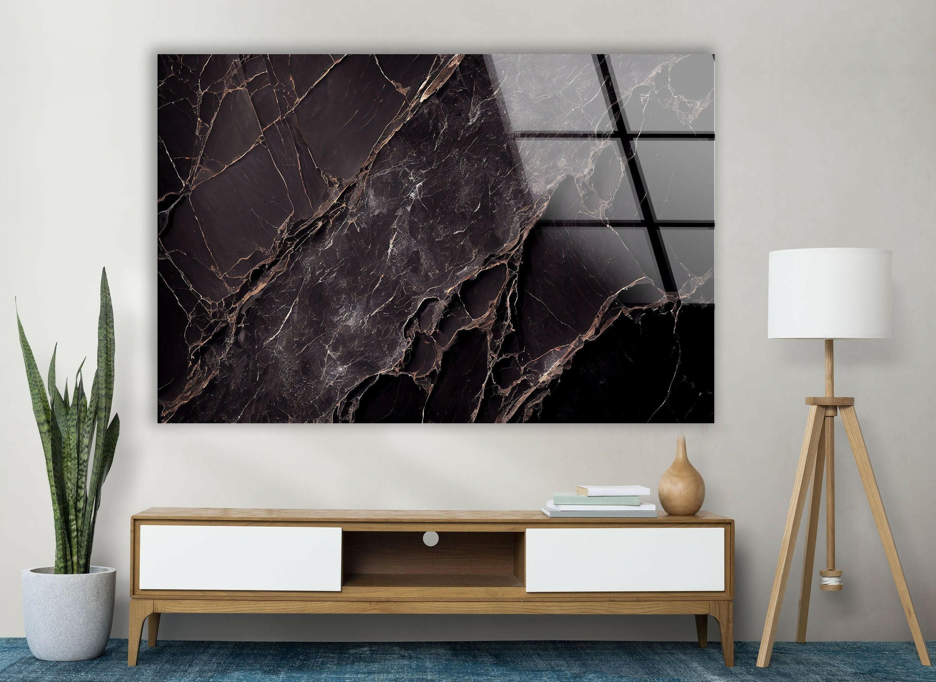 Black Marble Natural Abstract Glass Wall Art - Modern Home Decor for Living Room, Bedroom & Office | Elegant Glass Wall Sculpture for Contemporary Interior Design