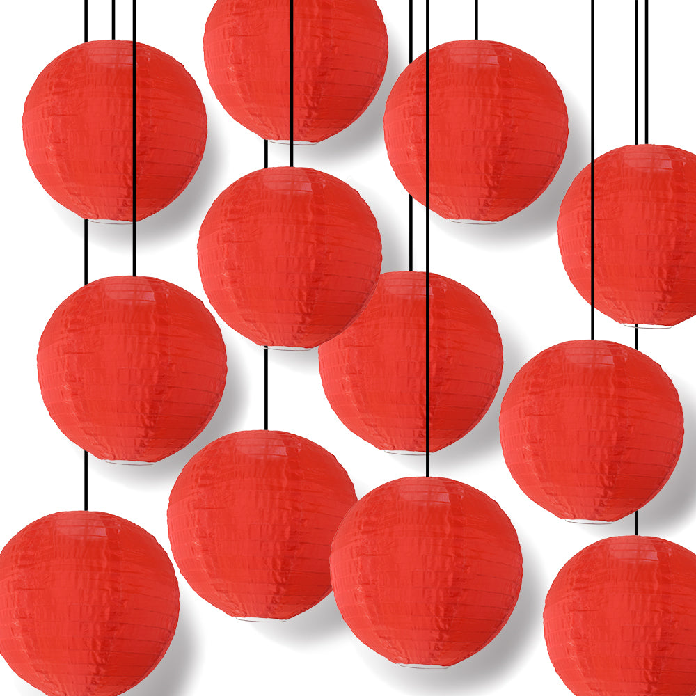 12 Pack Red Shimmering Nylon Lanterns - 14 Inch Durable Hanging Decorations with Even Ribbing for Parties, Weddings & Outdoor Events