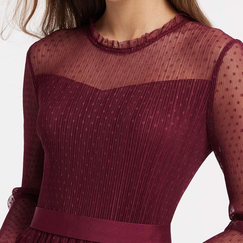 Elegant Women's Long Sleeve Mesh Layered Chiffon Midi Dress for Wedding Guest, Cocktail, Prom & Evening Party - Perfect for Formal Events, Date Nights & Special Occasions