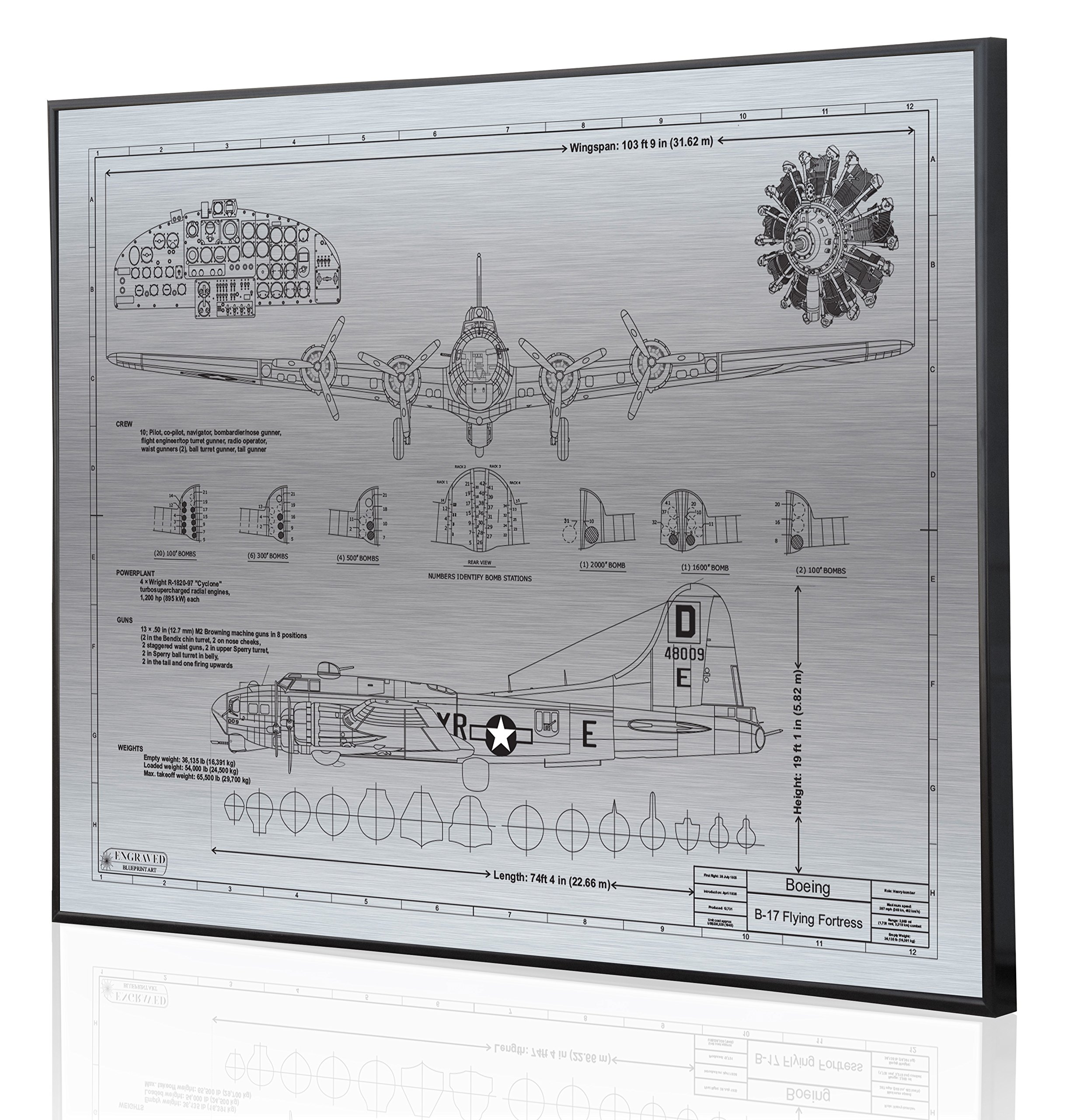 Authentic Boeing B-17 Flying Fortress Blueprint Art - Laser Engraved Custom Aviation Decor - Perfect Pilot Gift for Home Office & Man Cave