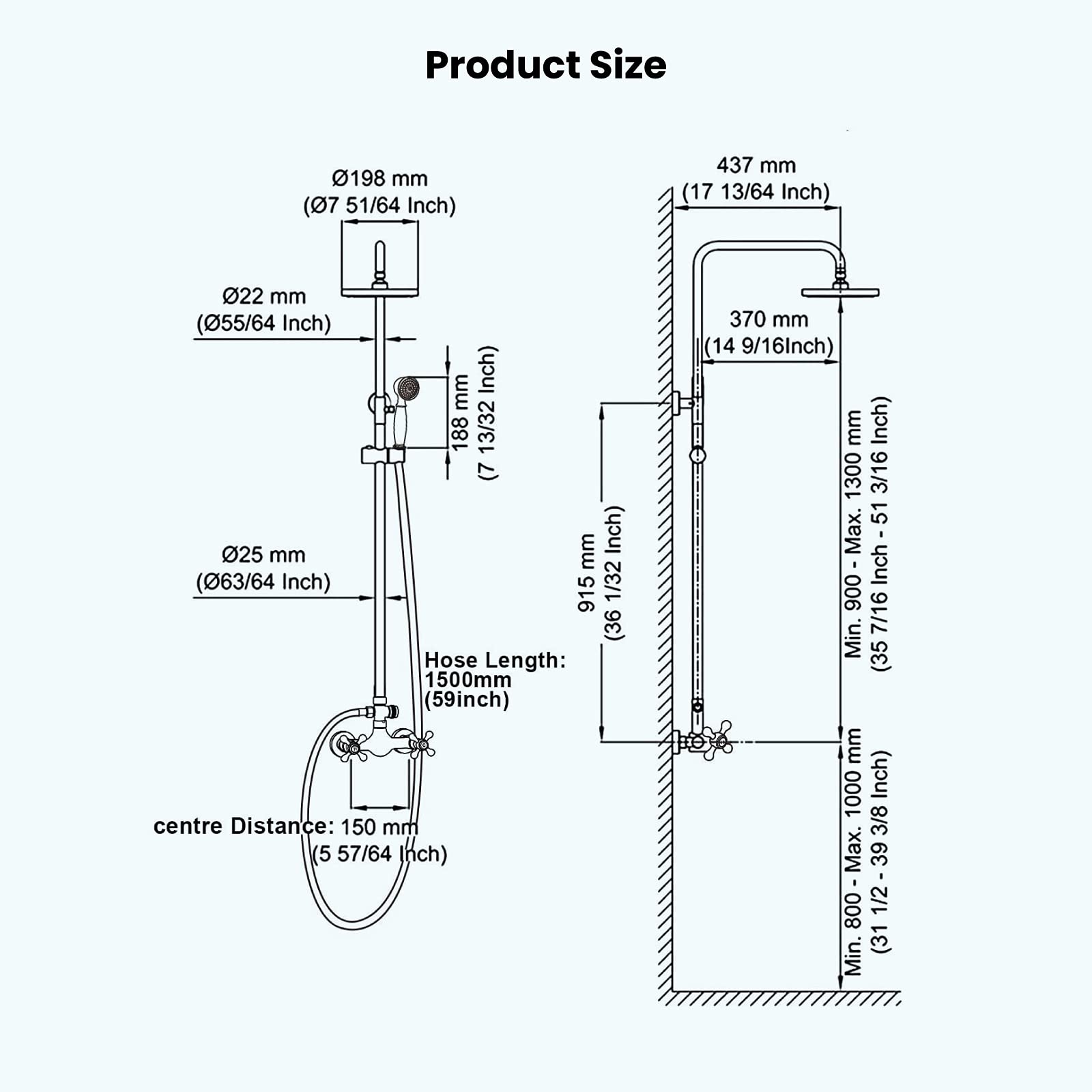 Gotonovo 8 Inch Rainfall Shower Head with Handheld Spray - Polished Chrome & Brushed Nickel Shower Faucet for Clawfoot Tub - Wall Mounted Shower Fixture for Luxurious Bathroom Experience | Perfect for Spa-Like Relaxation and Modern Bathroom Upgrades