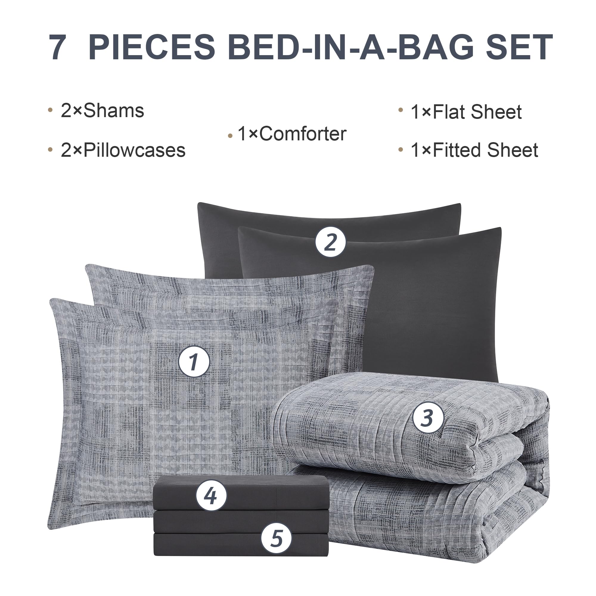 MaiRêve Charcoal Grey Full Comforter Set - 7 Piece Textured Crinkle Bed in a Bag with Comforter, Sheets, Pillowcases & Shams (80