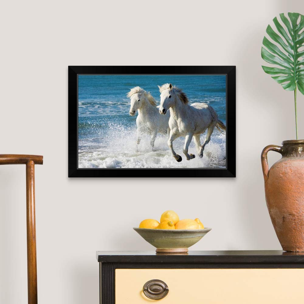 Camargue Horses Running on Beach - Black Framed Wall Art Print - Equestrian Home Decor for Living Room, Office & Bedroom
