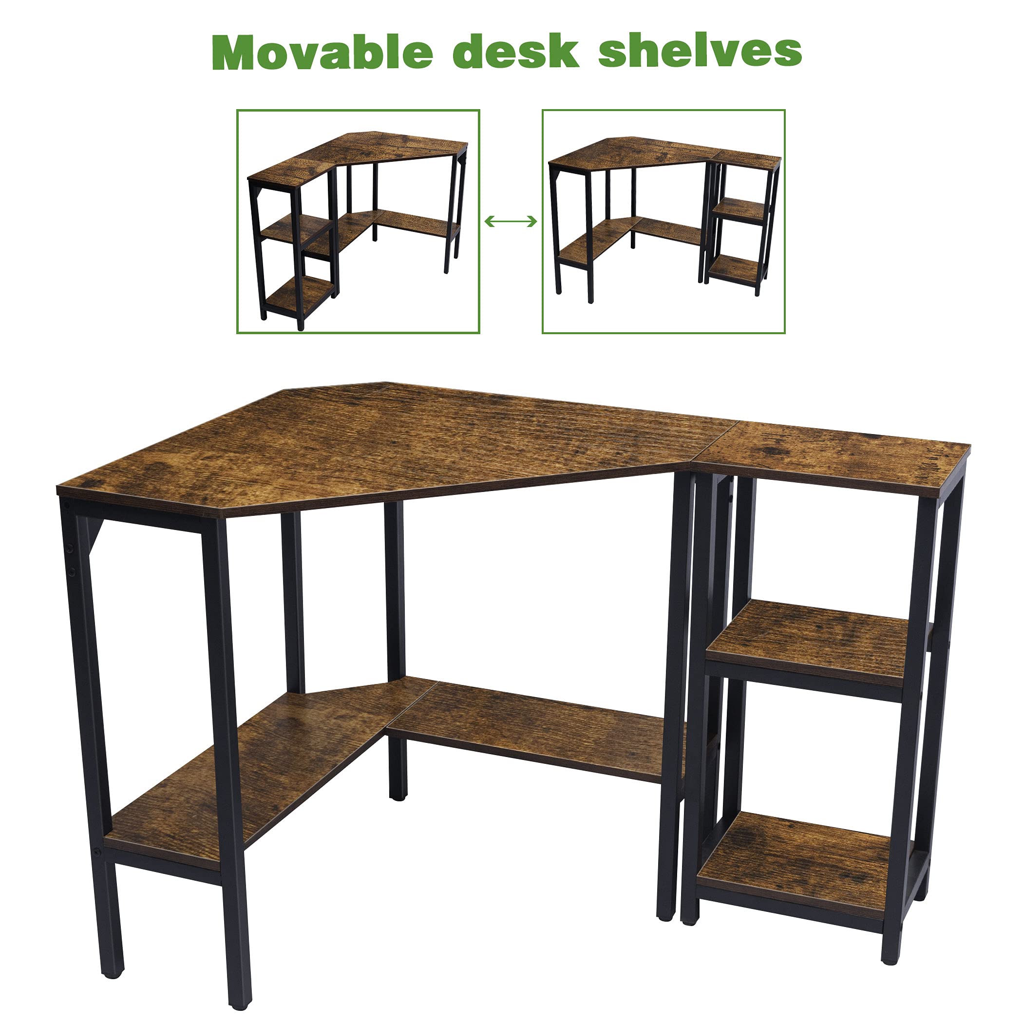 LAVIEVERT Rustic Brown Triangle Corner Desk with Storage Shelves - Compact Computer Desk for Laptop, Writing & Study - Perfect for Small Spaces, Home Office & Dorm Rooms