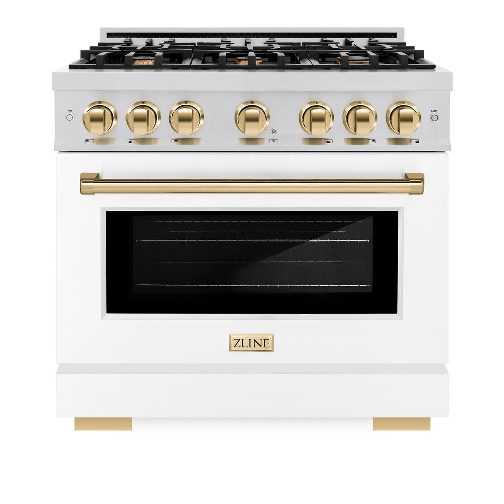 ZLINE Autograph Edition 36 Inch 5.2 Cu Ft Gas Range with 6 Burner Cooktop & Convection Oven - Stainless Steel with White Matte Door & Polished Gold Accents (HGRZ WM 36 G) - Perfect for Modern Kitchens, Home Chefs & Gourmet Cooking