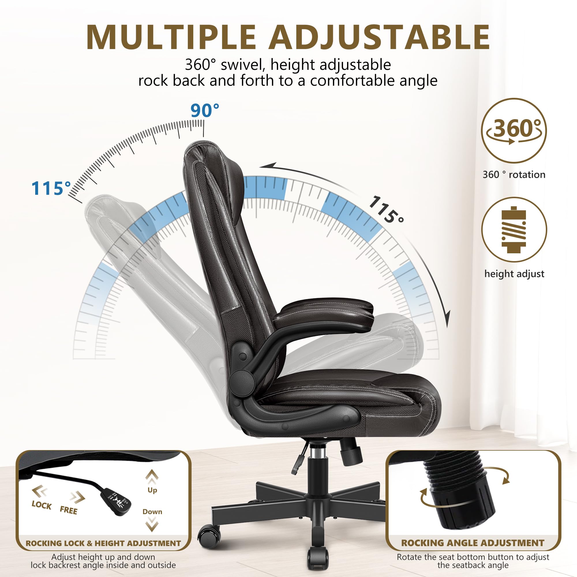 Premium Ergonomic Executive Office Chair - High Back Leather Desk Chair with Adjustable Flip-Up Arms for Big & Tall Users (Glossy Coffee) - Perfect for Home Office, Gaming & Professional Workspaces