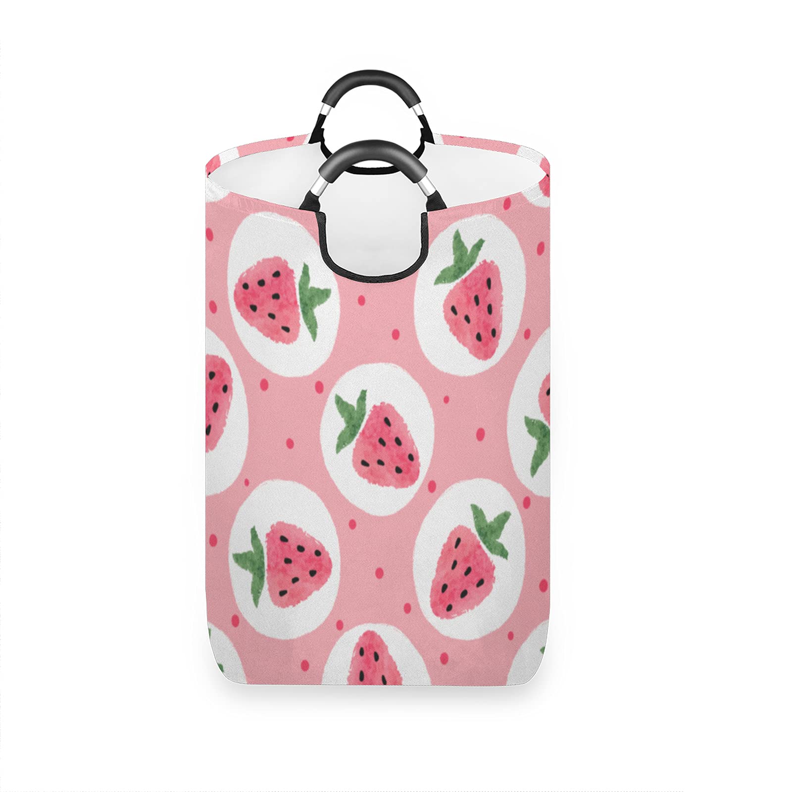 Cute Cartoon Strawberry Large Collapsible Fabric Laundry Hamper - Waterproof Washing Bin with Handles for Dirty Clothes, Perfect for Bathroom, Bedroom & Dorm Storage - Round Laundry Bag Organizer for Home & College Use