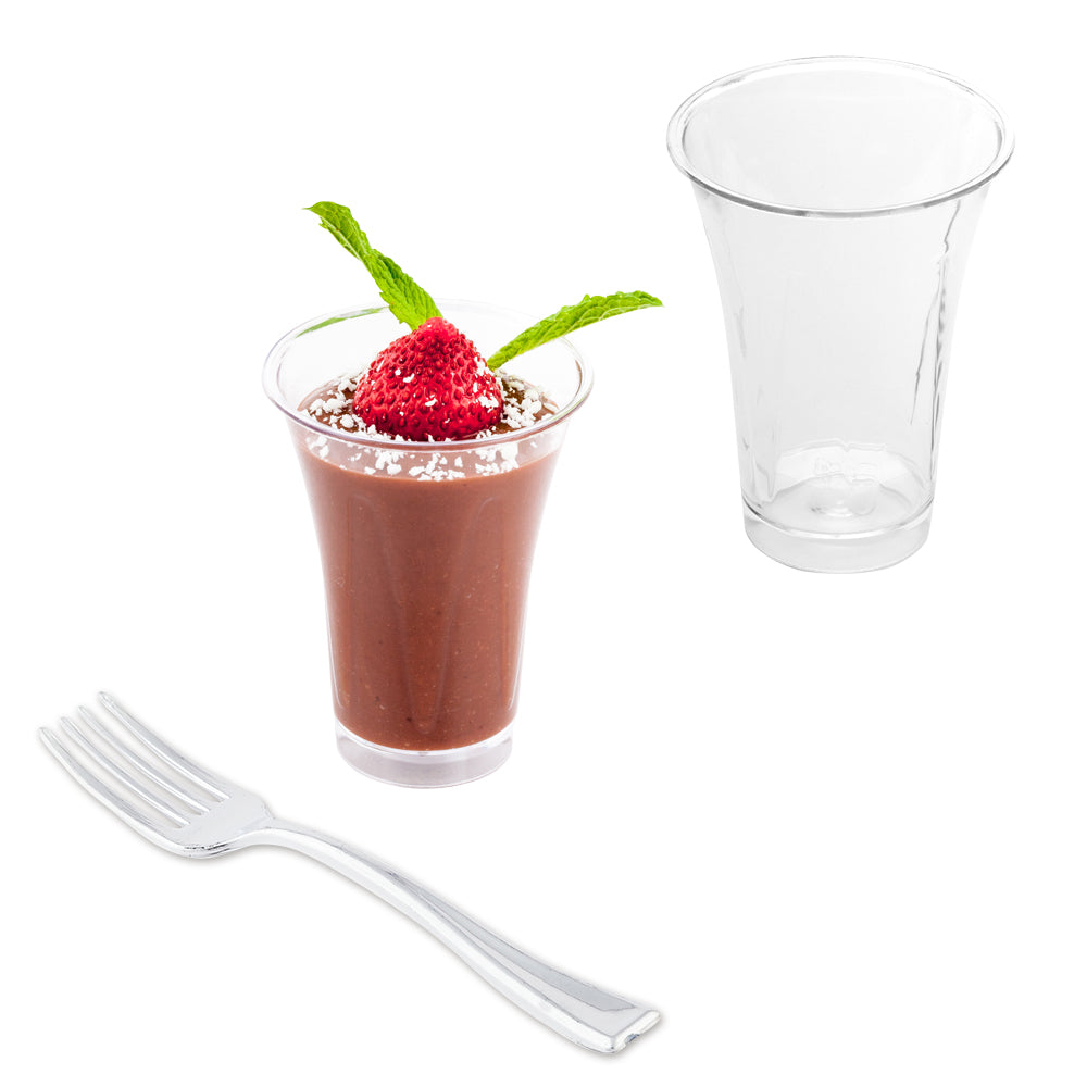 100-Pack 2 oz Clear Plastic Mini Trumpet Cups & 100-Pack Silver Plastic Mini Forks - Perfect for Parties, Weddings, Baby Showers & Dessert Tastings