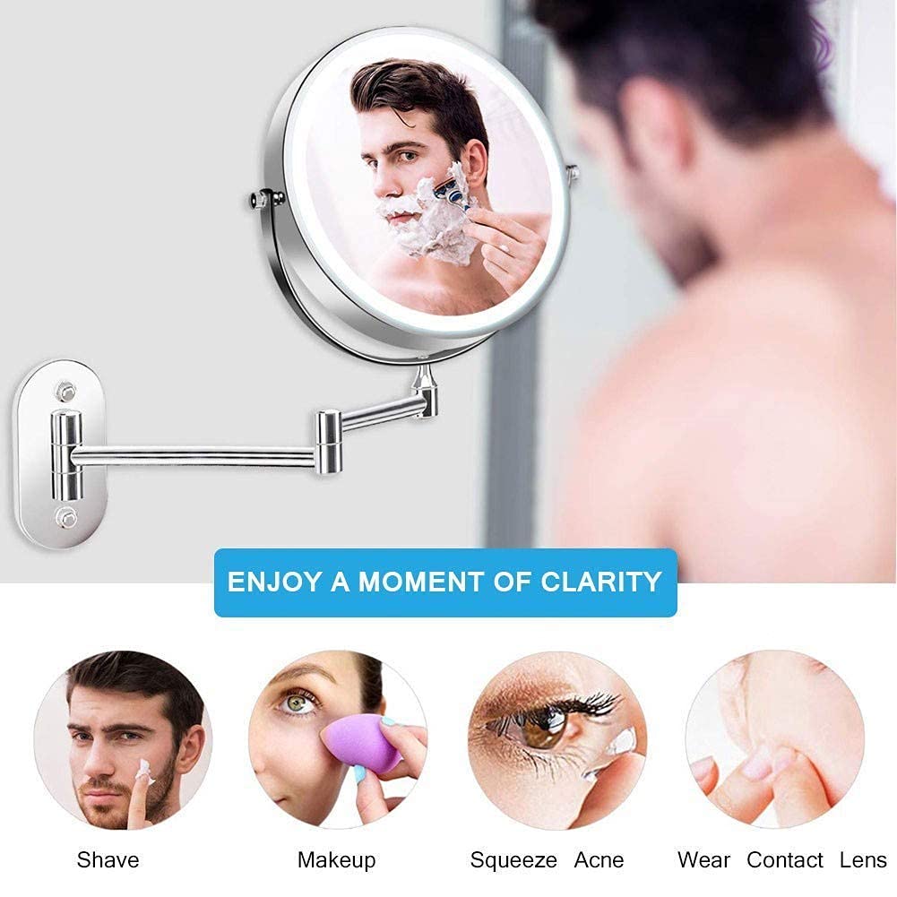 JYCCH Wall Mounted Makeup Mirror with Lights - Double Sided 1X/10X Magnifying Vanity Mirror, Swivel & Extendable, LED Illuminated for Perfect Makeup Application - Ideal for Bathroom, Bedroom & Dressing Room