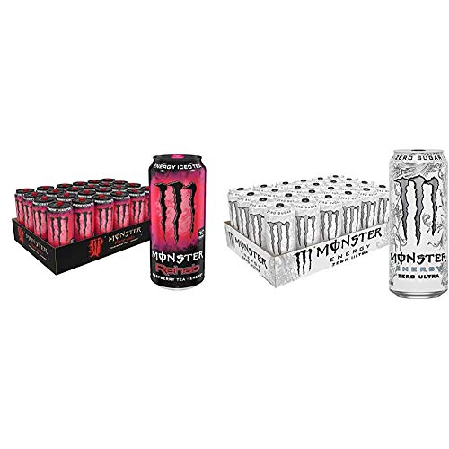Monster Rehab Raspberry Tea Energy Drink 15.5oz (24 Pack) & Monster Zero Ultra Sugar Free Energy Drink 16oz (24 Pack) - Perfect for Workouts, Gaming, and All-Day Energy Boost